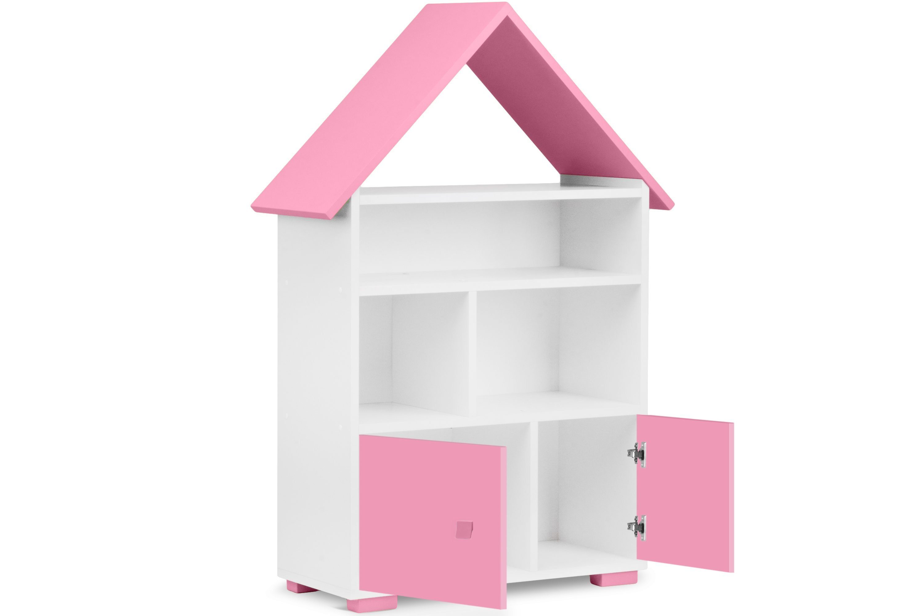 Konsimo Kinderregal Bücherregal mit Türen Bücherregal Tür, mit weiß/rosa Hausform, Pastellfarben in PABIS
