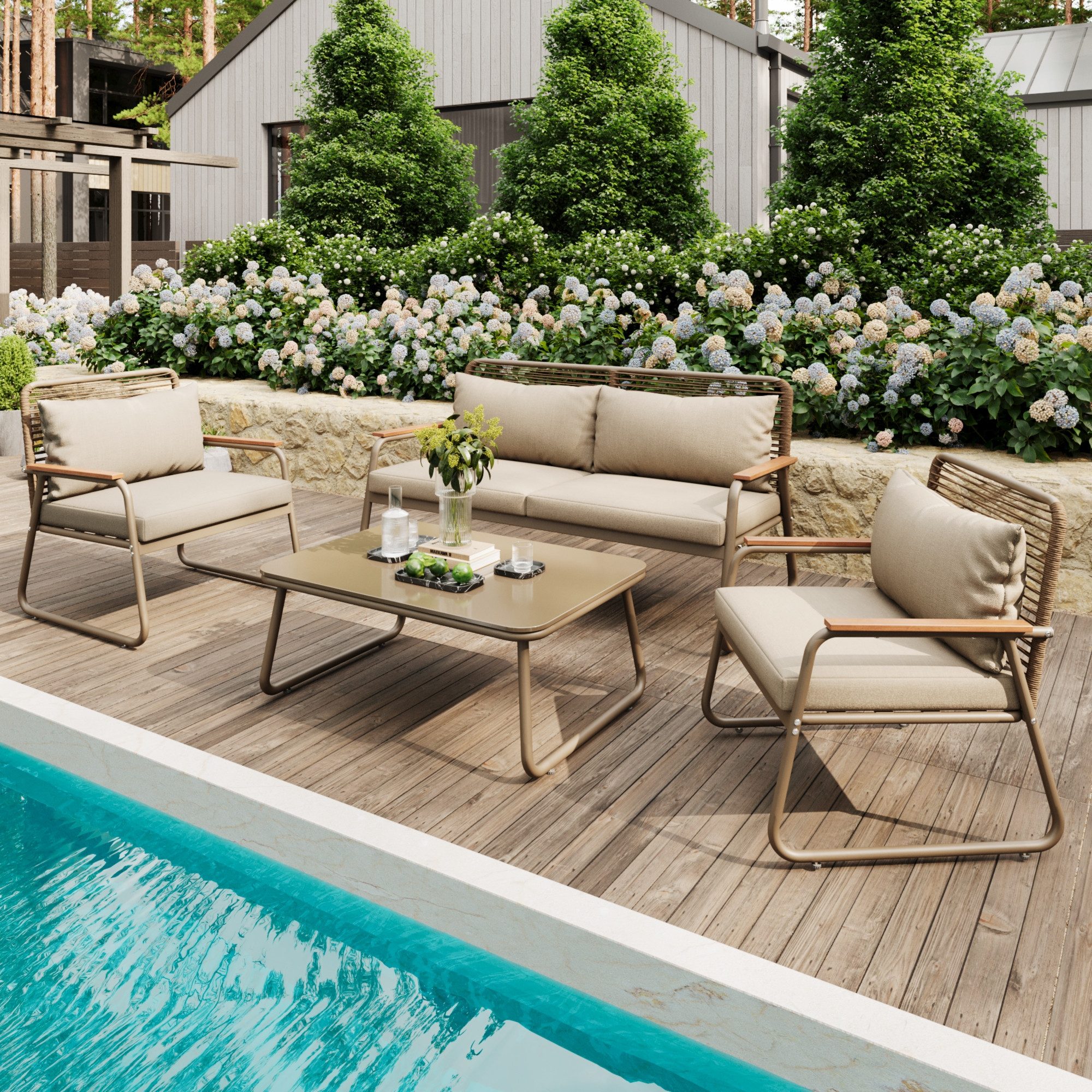 Flieks Gartenlounge-Set, 4-Sitzer Gartenmöbel Balkonset mit Tischplatte aus gehärtetem Glas