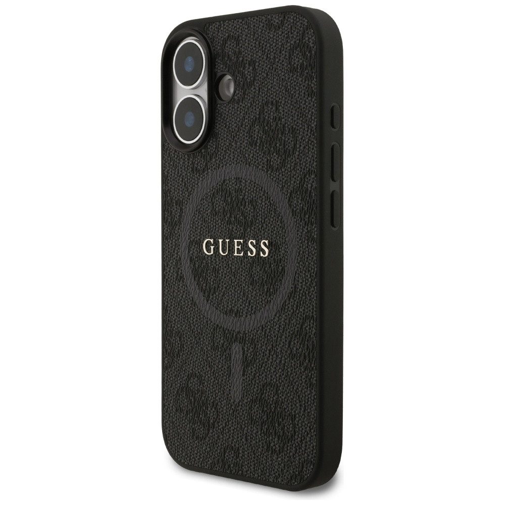 Guess Handyhülle Case iPhone 17 MagSafe Kunstleder grau Logo goldfarben 6,3 Zoll, Kantenschutz