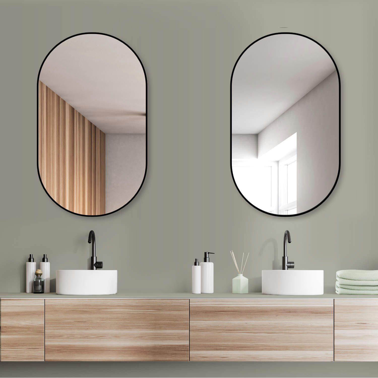 HOKO Dekospiegel Design Modern Kosmetikspiegel, Wandspiegel oval Montage. QUER mit HOCH und 4mm Aluminium-Wandhalterung mit Flurspiegel, Rahmen. (Badezimmerspiegel, und Schminkspiegel. Glass. Rahmen)