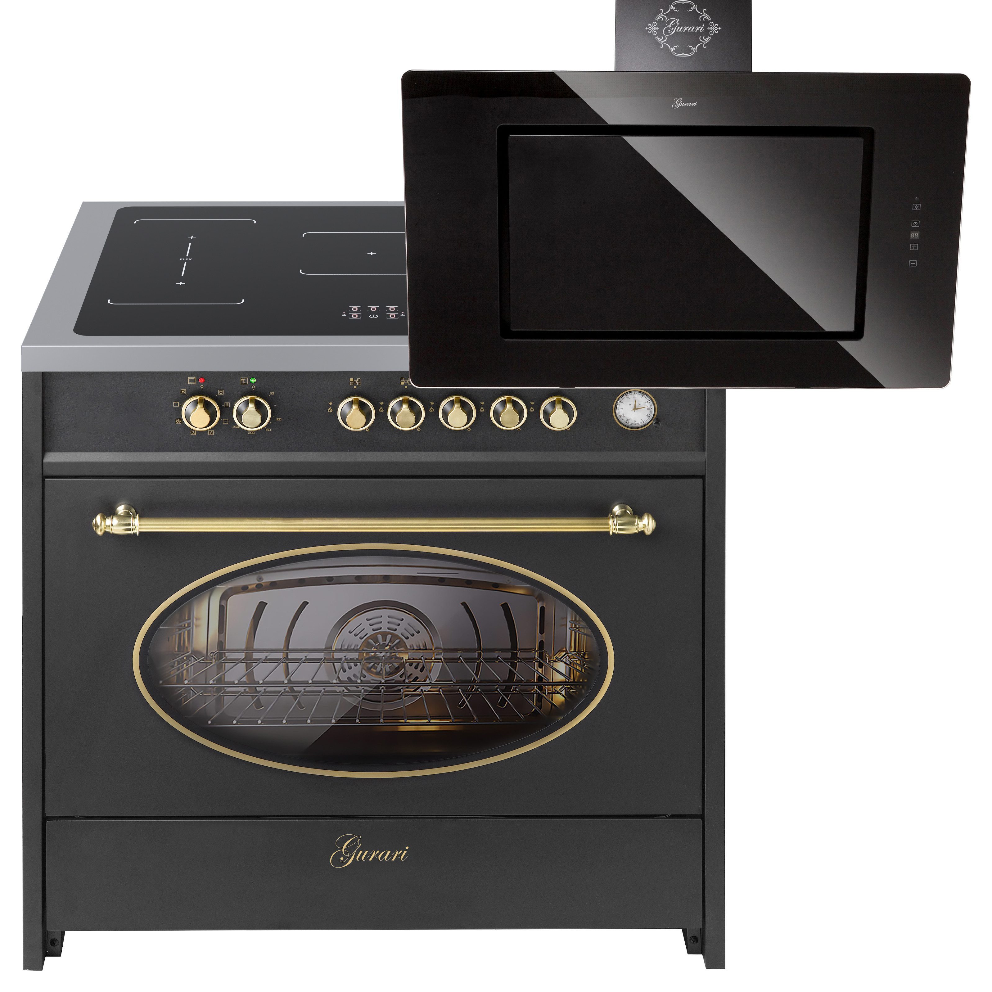 GURARI Induktions Herd-Set Retro Range Cooker 90 cm, 121L, in Schwarz mit Flex Zone Induktionskochfeld+Dunstabzugshaube 90 cm E 913 RU BL+GCH S 155 BL 90 Prime., mit 1-fach-Teleskopauszug