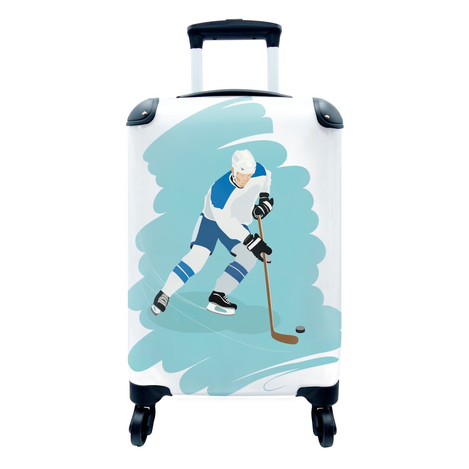 Handgepäckkoffer für Ferien, Reisetasche Handgepäck eines hellblaue Eine mit rollen, MuchoWow Reisekoffer Illustration Eishockeyspielers, Rollen, 4 Trolley,