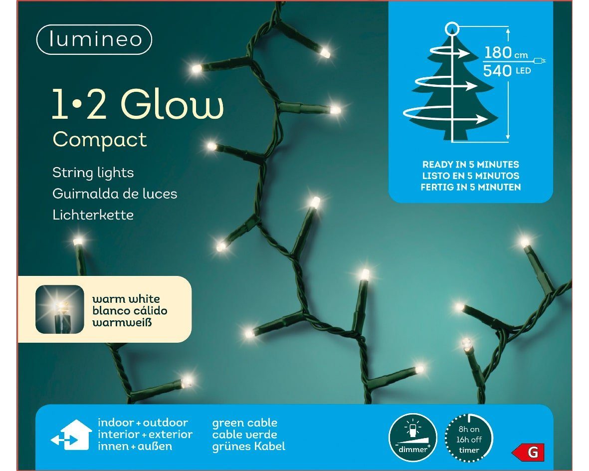 Weihnachten grünes 1,8 Kaemingk dimmbar, 8h-Timer, Lumineo Kabel, Outdoor, Indoor m & warm 1-2 Glow 540 LED Lichterkette LED-Lichterkette IP44-geschützt, Compact weiß,