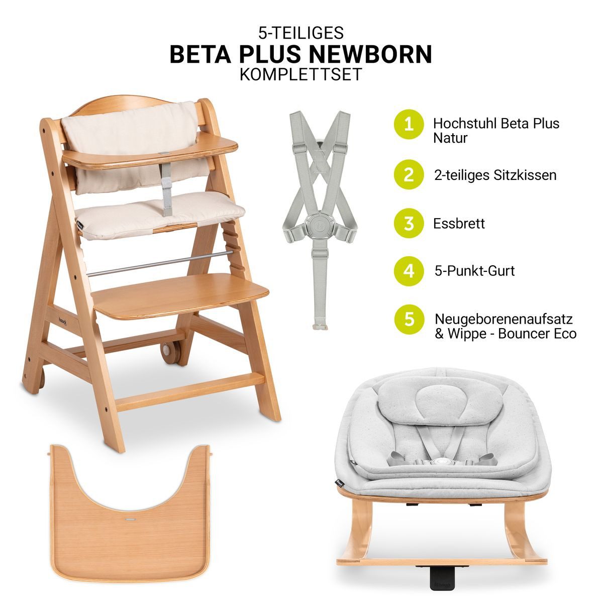 Hauck Hochstuhl Beta Plus Natural Newbornset Eco - Light Grey (Set), Holz B günstig online kaufen