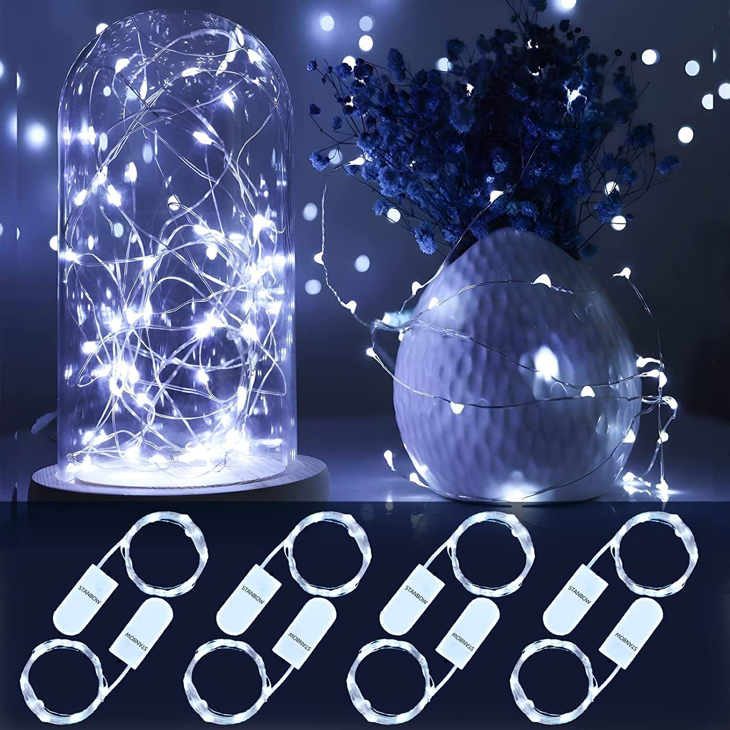 Nettlife LED-Lichterkette 8er-Pack Kalteweiß 2M Kupferdraht Batteriebetriebene Lichter, Weihnachtsdekoration | Lichterketten