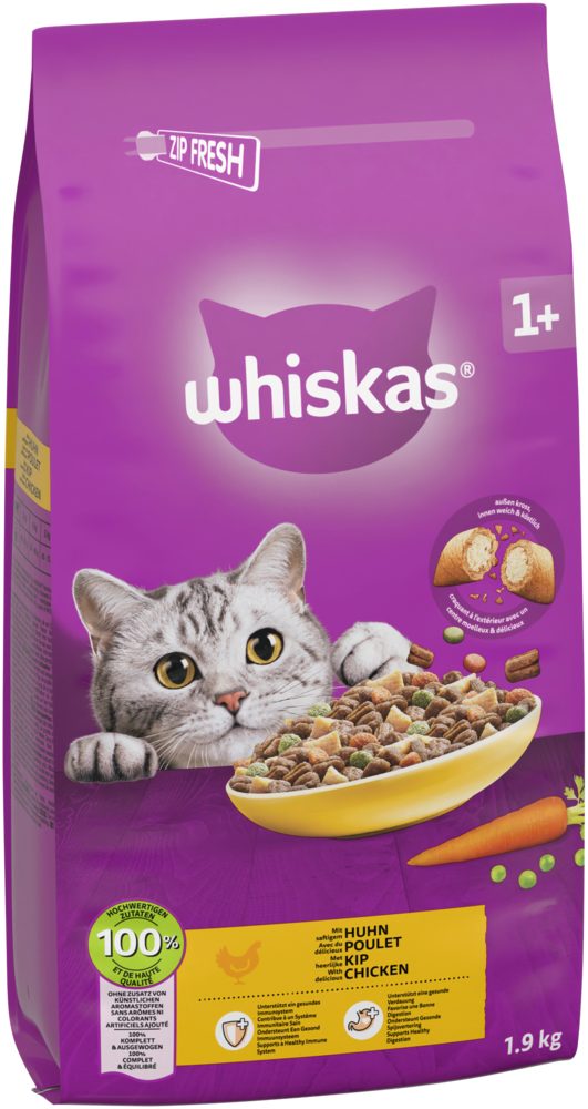 Whiskas WHISKAS® Beutel Trocken Adult 1+ mit Huhn 6 x 1,9kg, Trockenfutter für: Katze
