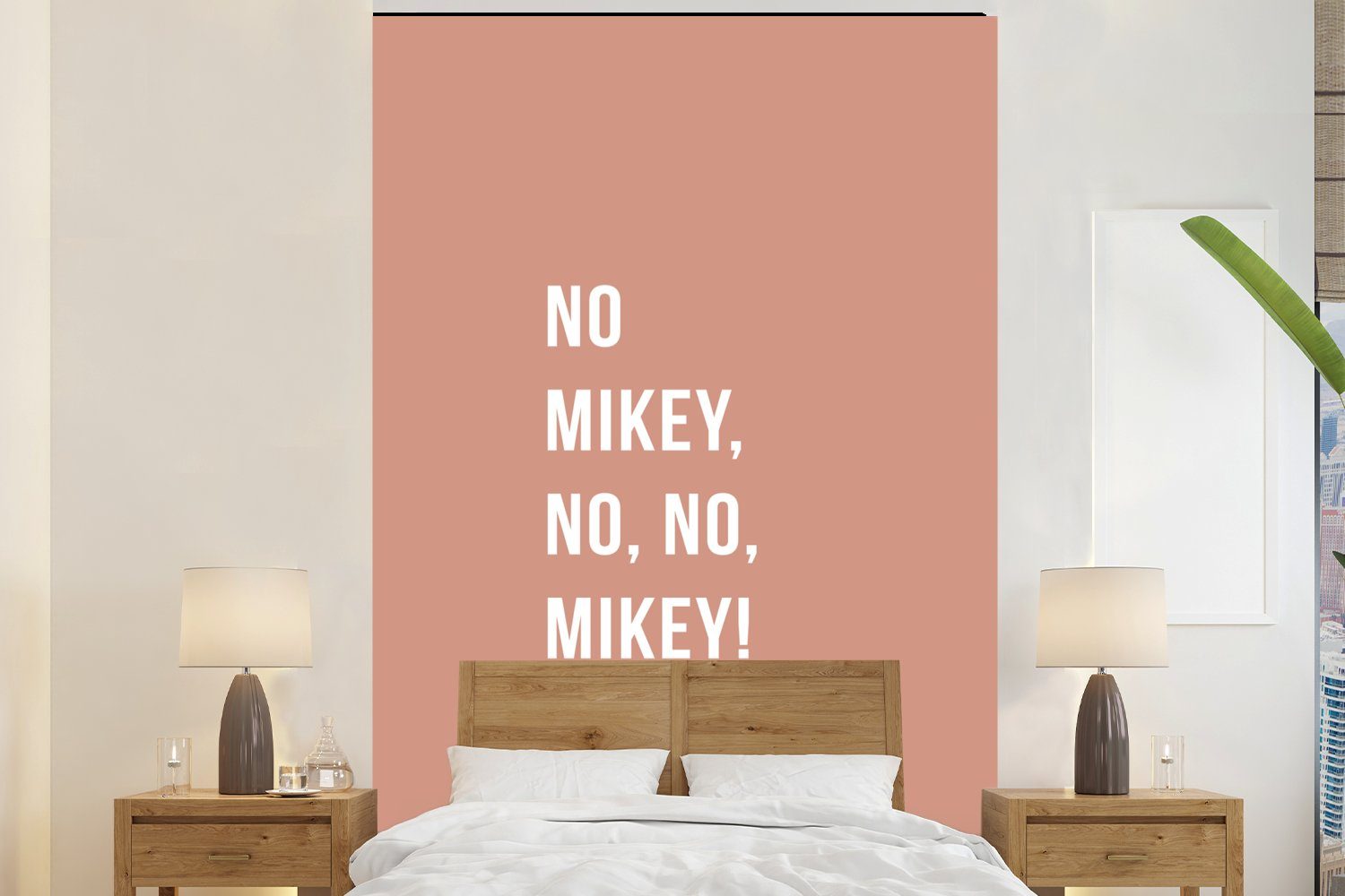 Montagefertig Wohnzimmer, nein, bedruckt, Matt, Vinyl St), (3 Tapete Zitate - nein, Mikey, Fototapete MuchoWow - Pink Mikey!, Wandtapete für Nein