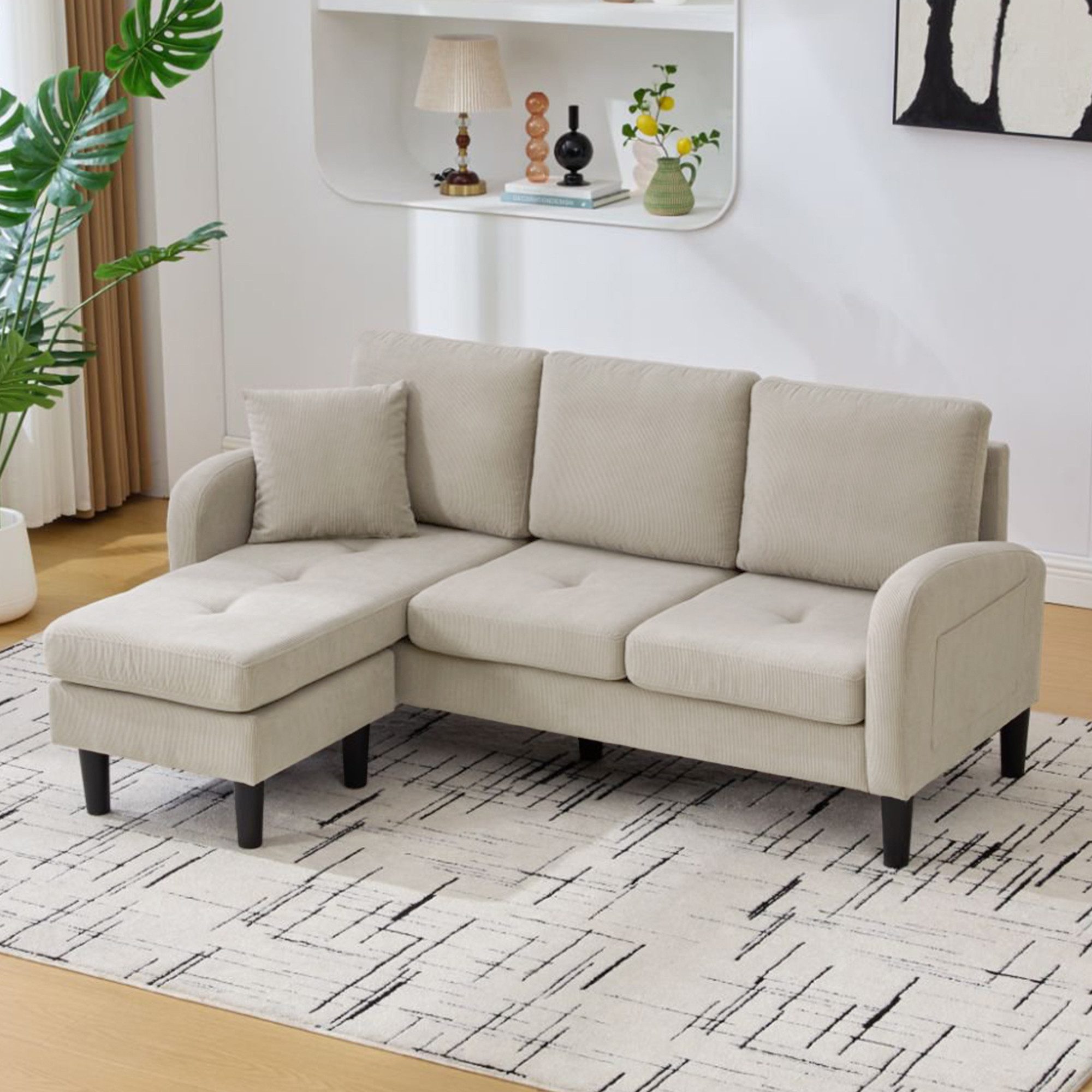 BlingBin Ecksofa L-förmiges Sofa 3-Sitzer aus Baumwoll-Leinenstoff, Polstersofa modular Sofa mit Chaiselongue 1 Teile, 166L x 118B x 77H cm