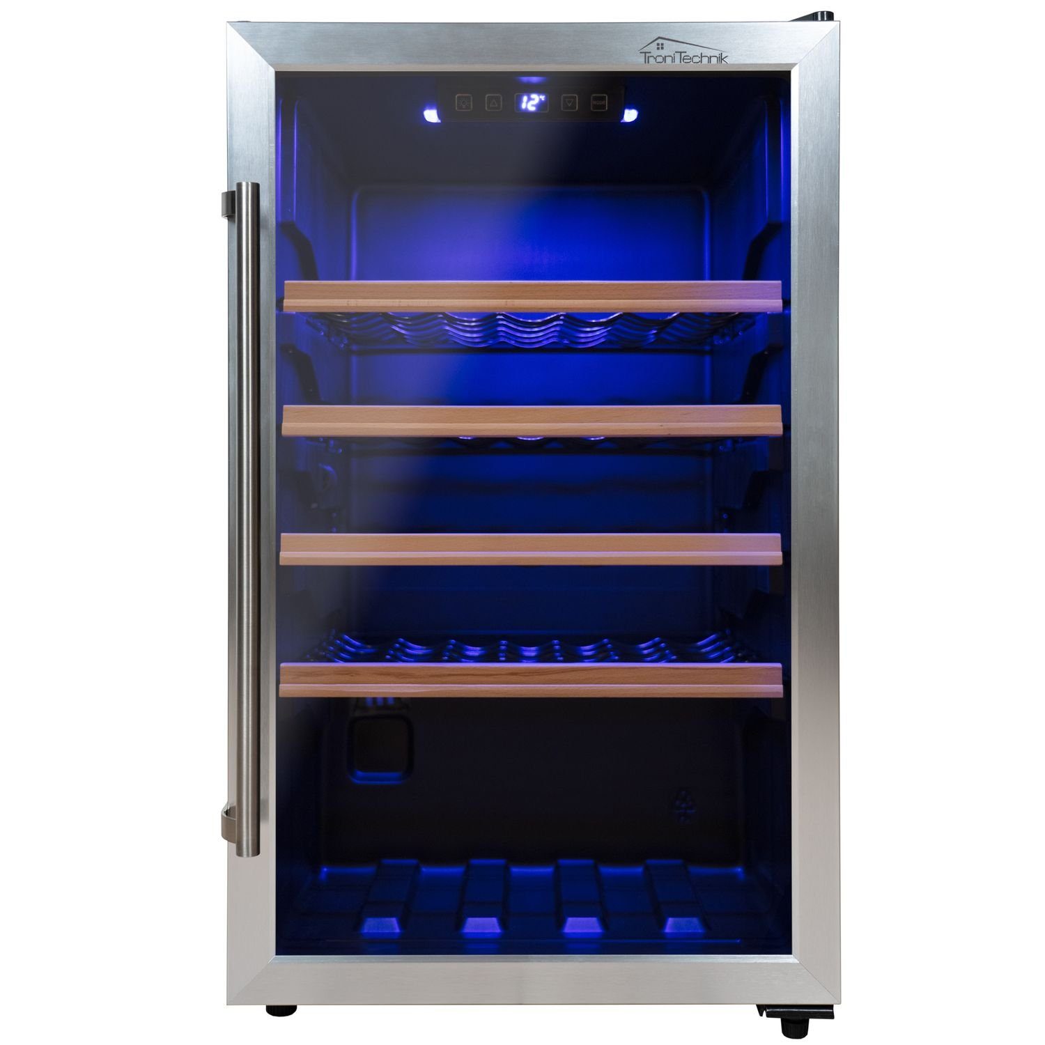 TroniTechnik Weinkühlschrank Trondhein mit 18°C, 126 für Fassungsvolumen 63 von 5°C beidseitig Liter blauem bis LED,Tür Flaschen,Temperatur montierbar mit