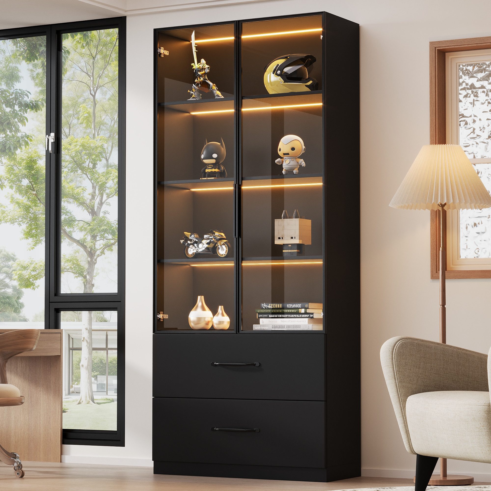 Flieks Vitrine Glasvitrine mit LED-Beleuchtung, glastüren und Schubladen (Maße: B60/T40/H160 cm, 1-St., Schrank für Wohnzimmer, Schlafzimmer, Arbeitszimmer und Büro) Hochschrank Bücherregal Standvitrine Mehrzweckschrank Schwarz