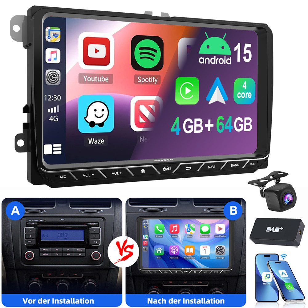 ESSGOO 9" Android 15 Für VW Golf 5 6 Polo Passat Touran Sharan EOS Tiguan Autoradio (RDS, Digitalradio (DAB), FM, AM, Carplay Android Auto Navi WIFI BT EQ)