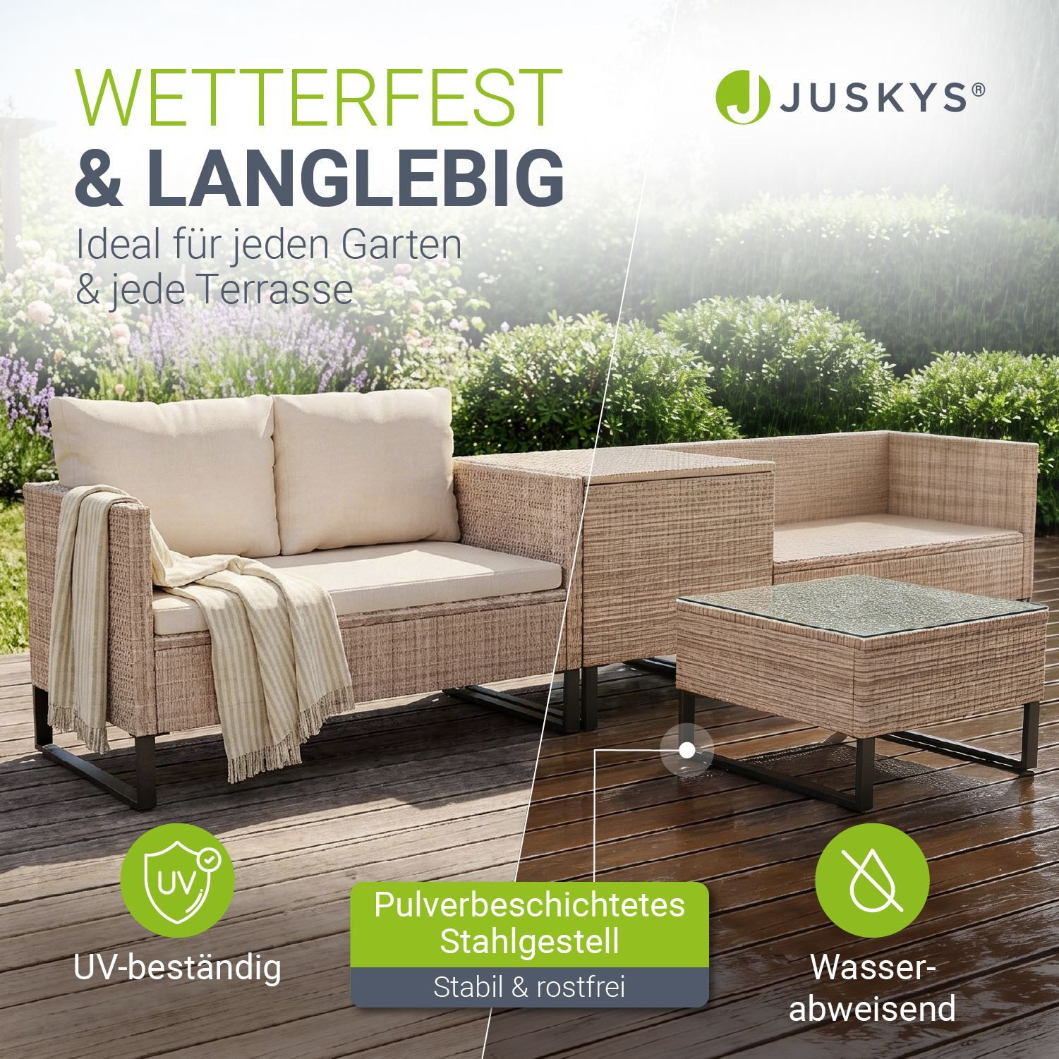 Juskys Gartenlounge-Set Santorini, (4-tlg), Polyrattan Sitzgruppe mit Beistelltisch & Auflagenbox, wetterfest