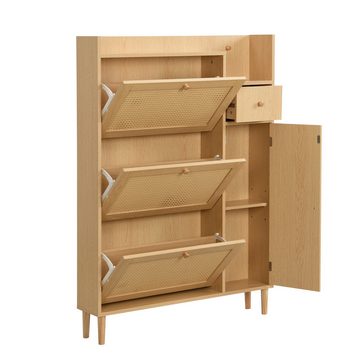 REDOM Schuhschrank aus Rattan (Schuhschrank mit 3 Kipp-Türen und 1 Schublade) Maße: B90/H125/T17 cm