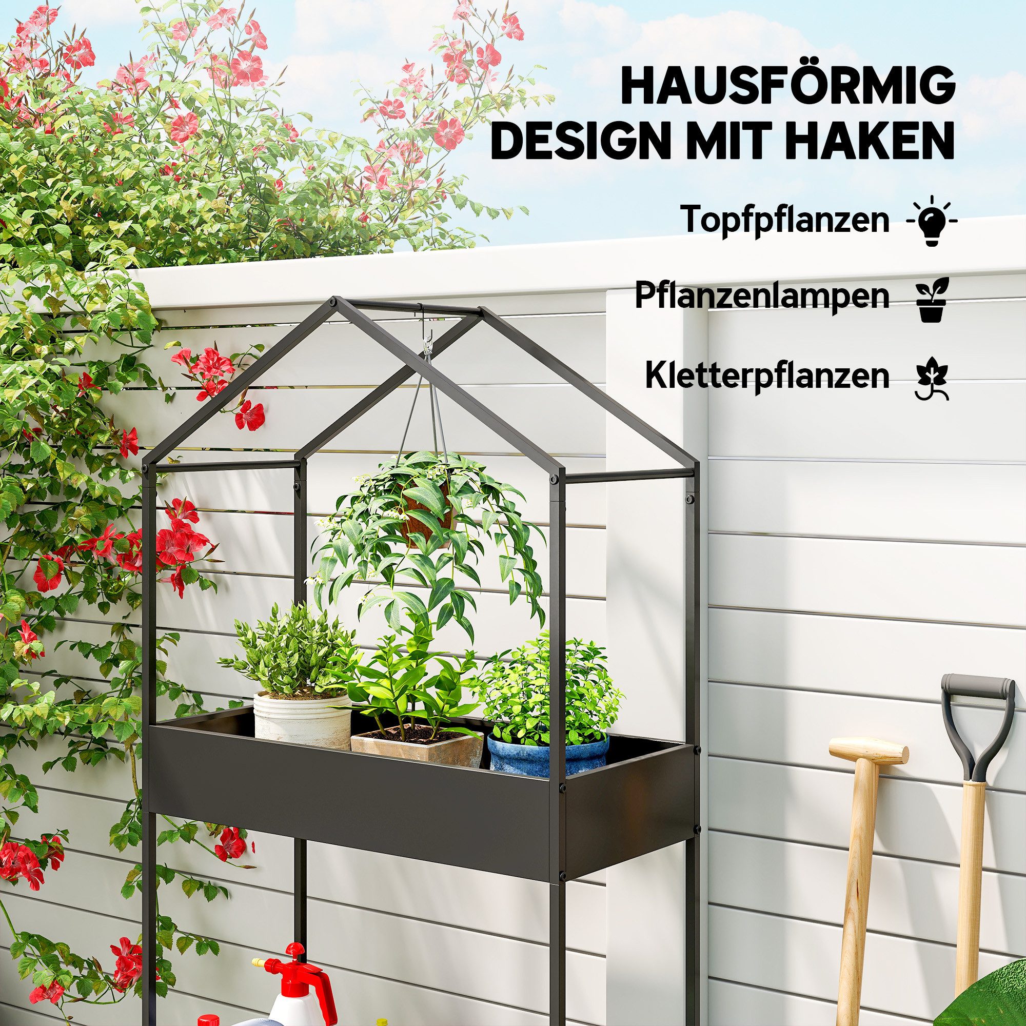 Outsunny Pflanzentreppe Pflanzenregal mit Haken, mehrstöckig Blumentopfständer (Blumenständer, 1 St., Pflanzenständer), für Garten Balkon Deko, Schwarz – Bild 4 von 5