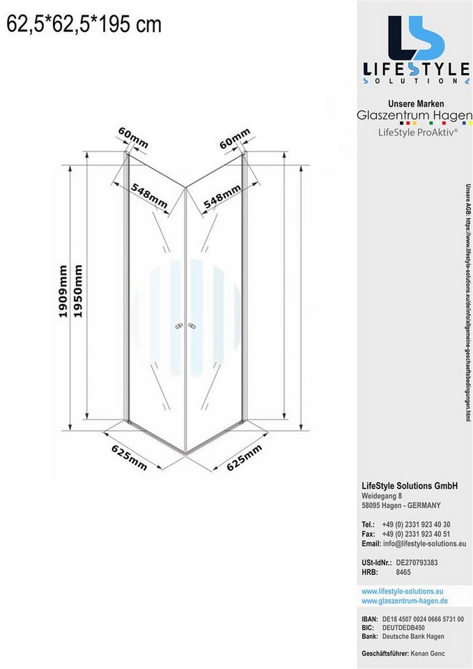 Thumbnail - Glaszentrum Hagen Eckdusche Glaszentrum Hagen - 62.5x62.5x195cm - Eck Duschkabine - Dusche - sonde