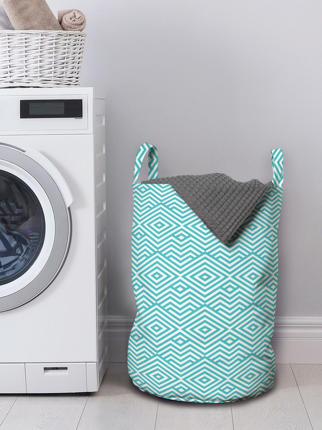 Abakuhaus Wäschesäckchen Wäschekorb mit Griffen Rauten Zigzags für Waschsalons, Geometrisch Kordelzugverschluss mit