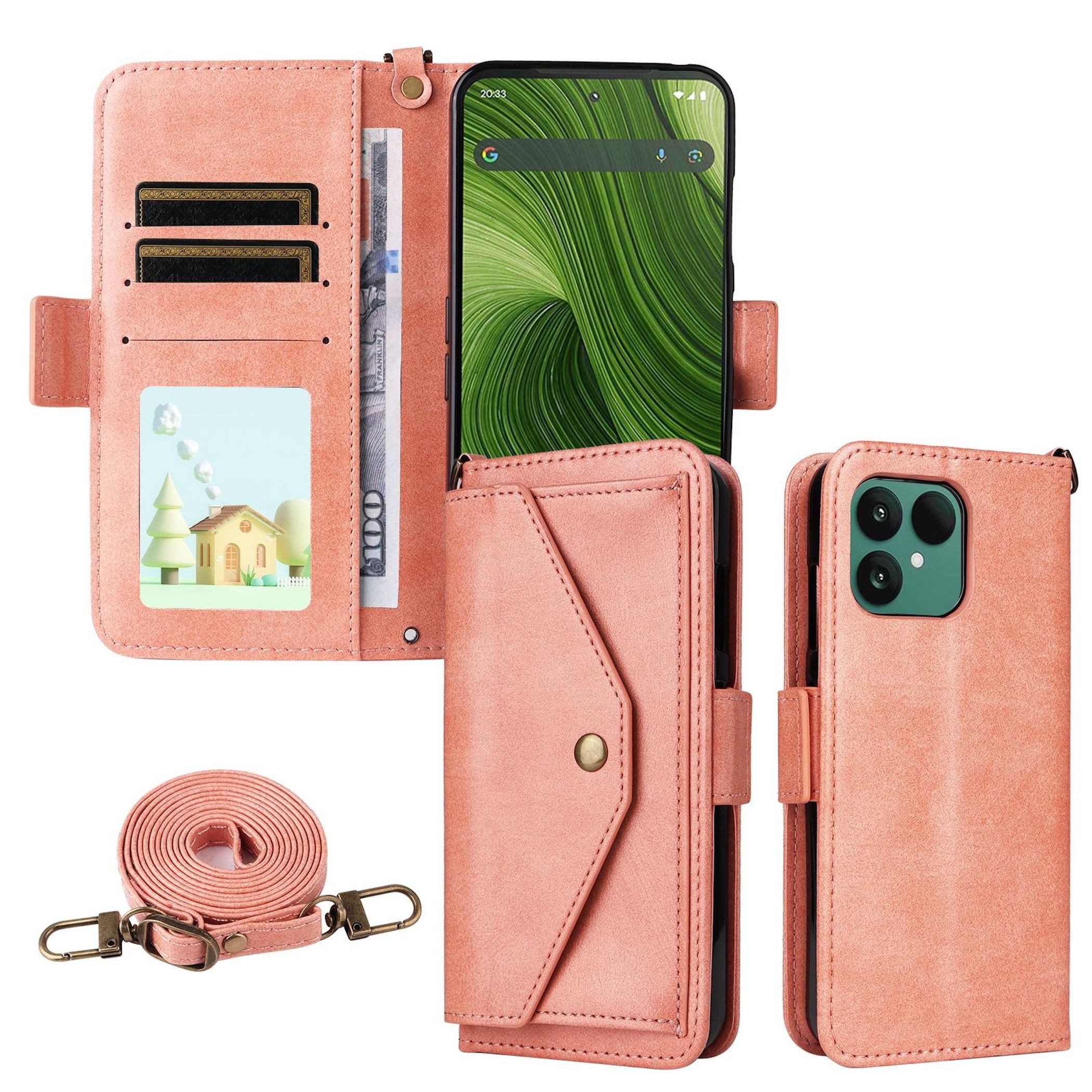 Wigento Smartphone-Hülle Für Fairphone 6 Crossbody Echtleder Kartenfach Schutz Hülle Pink, Mit Kartenfächern, Gurt, Standfunktion