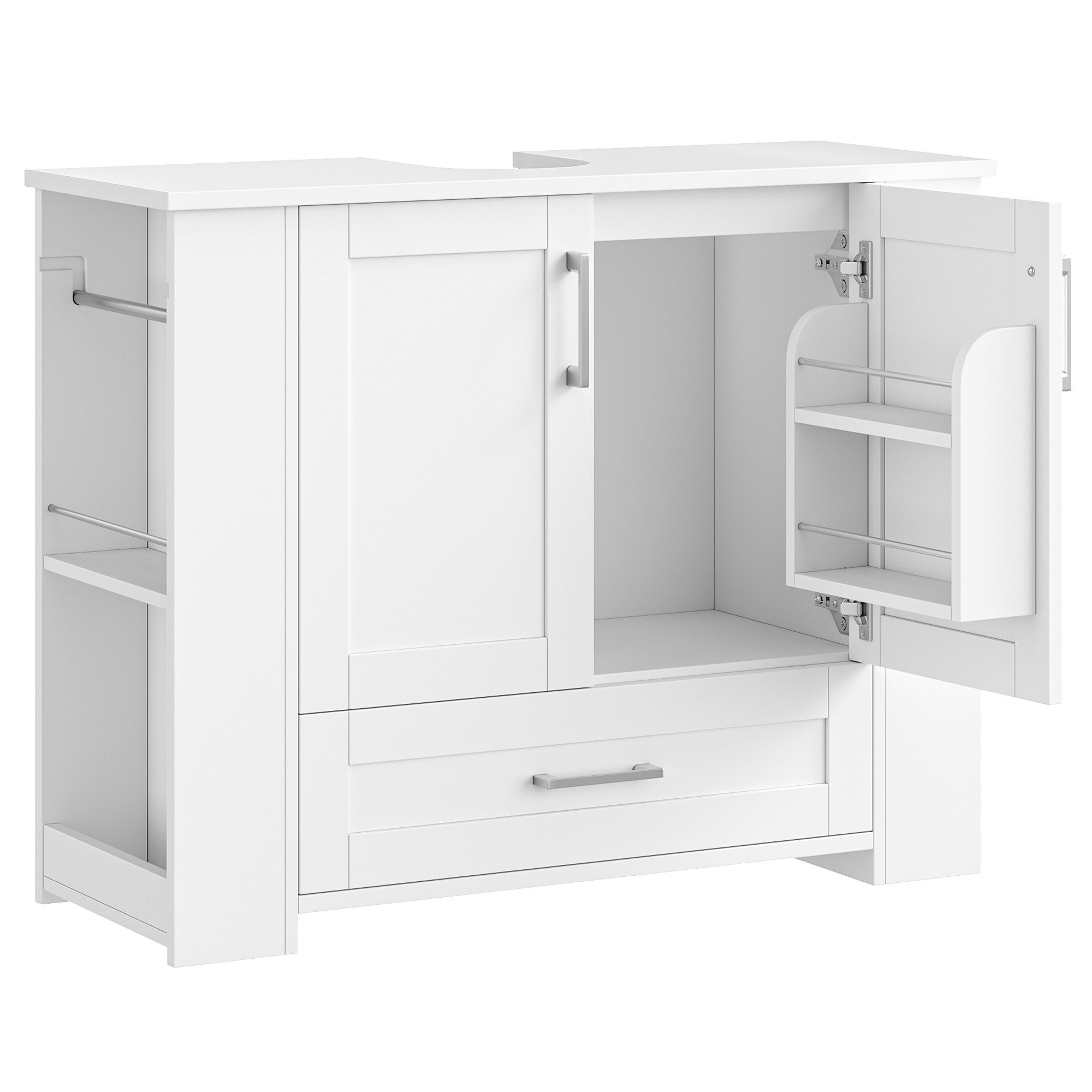 Homfa Waschbeckenunterschrank Unterschrank Badezimmerschrank 1 Schublade, 2 Türen, Seitliche Ablagen, Türfächer, Handtuchhalter
