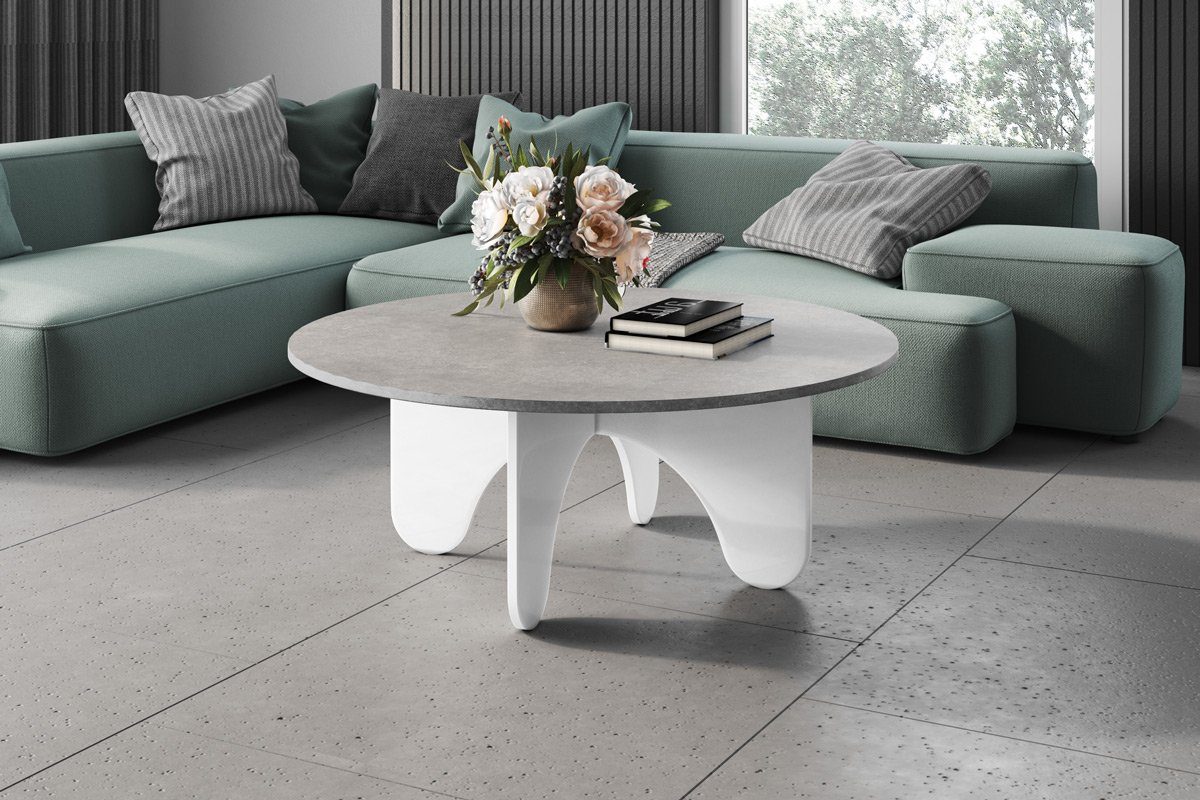 designimpex Couchtisch Design HRL-111 Hochglanz Wohnzimmertisch Rund Tisch 100 cm x 40 cm Beton / Weiß Hochglanz