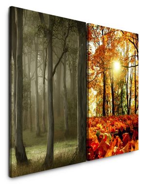 Sinus Art Leinwandbild 2 Bilder je 60x90cm Herbst Laub Wald Sonnenstrahlen warmes Licht Friedlich Entspannend