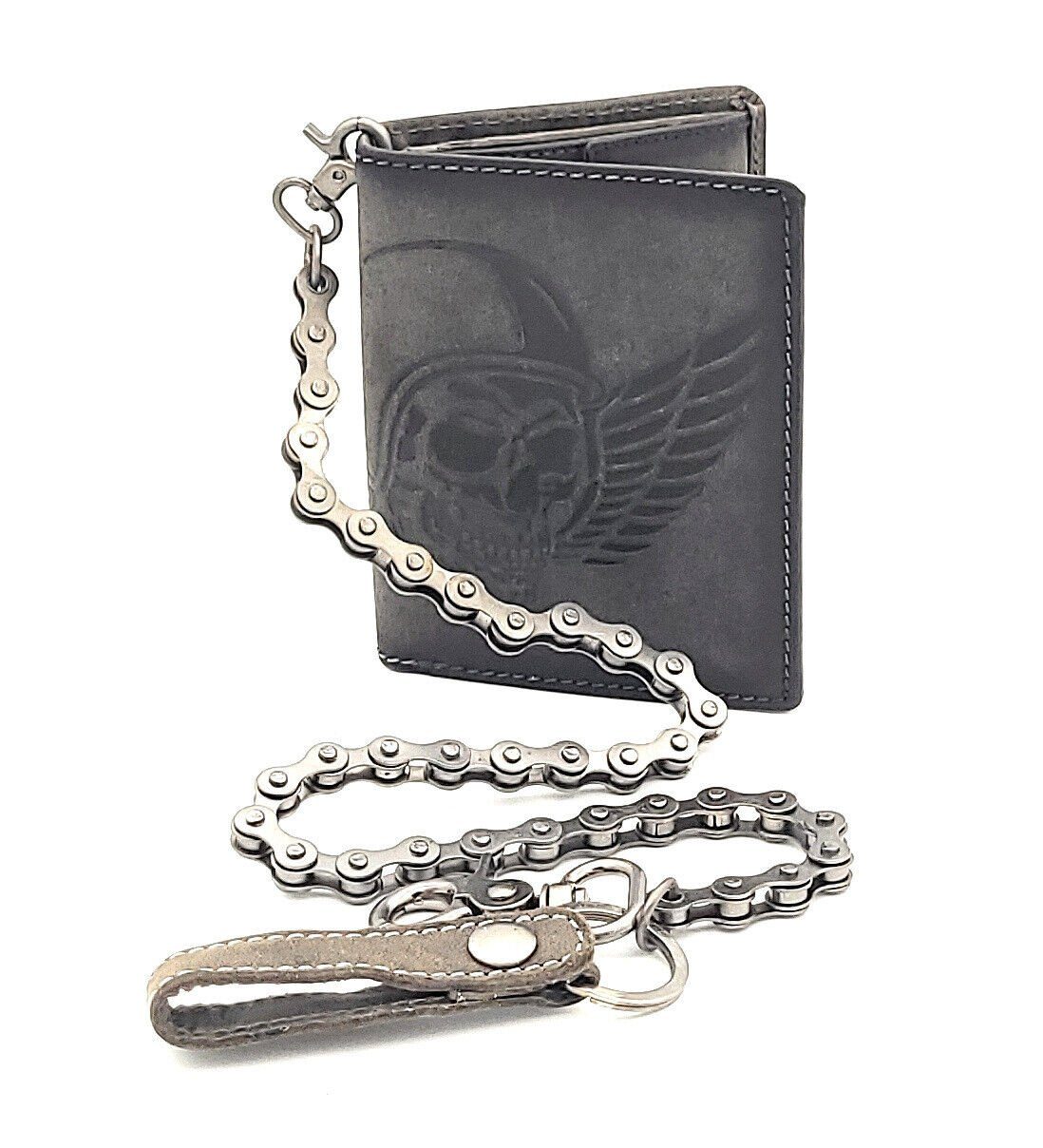 JOCKEY CLUB Geldbörse echt Leder Portemonnaie mit RFID Schutz, Biker Geldbeutel mit Fahrradkette und Totenkopf