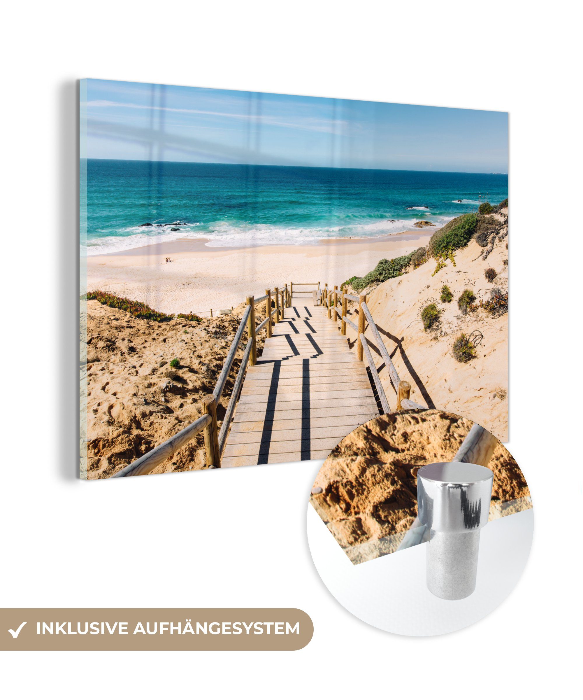 MuchoWow Acrylglasbild Strand - Bilder Glasbilder (1 auf Portugal, - Glas Glas - auf - Foto St), Wanddekoration Wandbild - Treppe