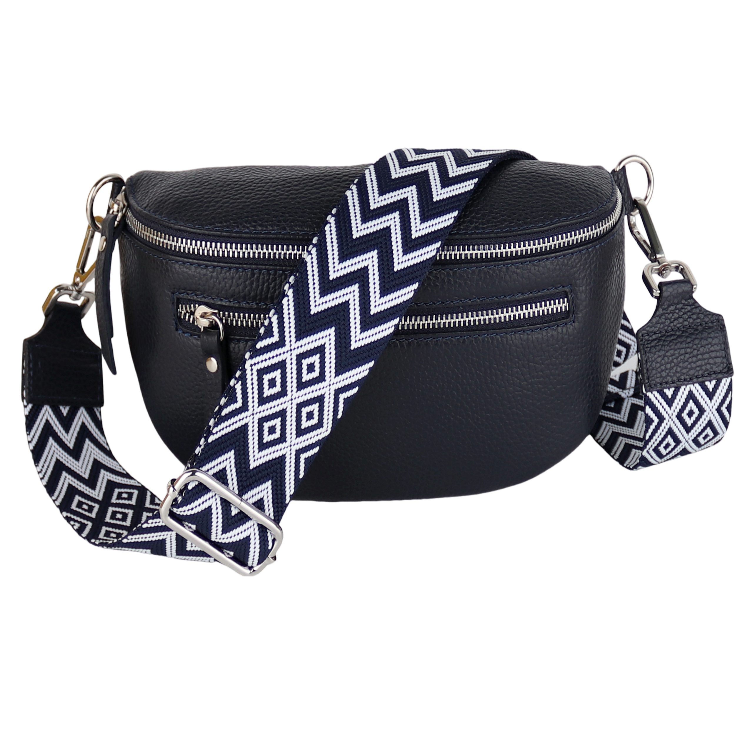 MIRROSI Bauchtasche Damen, Echtleder, Leder, Made in Italy, Umhängetasche, Brusttasche, (Schultertasche für jeden Anlass (1 Tasche & 2 Gurt), Mit zwei Reißverschlüssen, 27x14,5x8cm, BOHO Style), Navy Braun Crossbody Bag, gemusterten& verstellbaren Schulterriemen