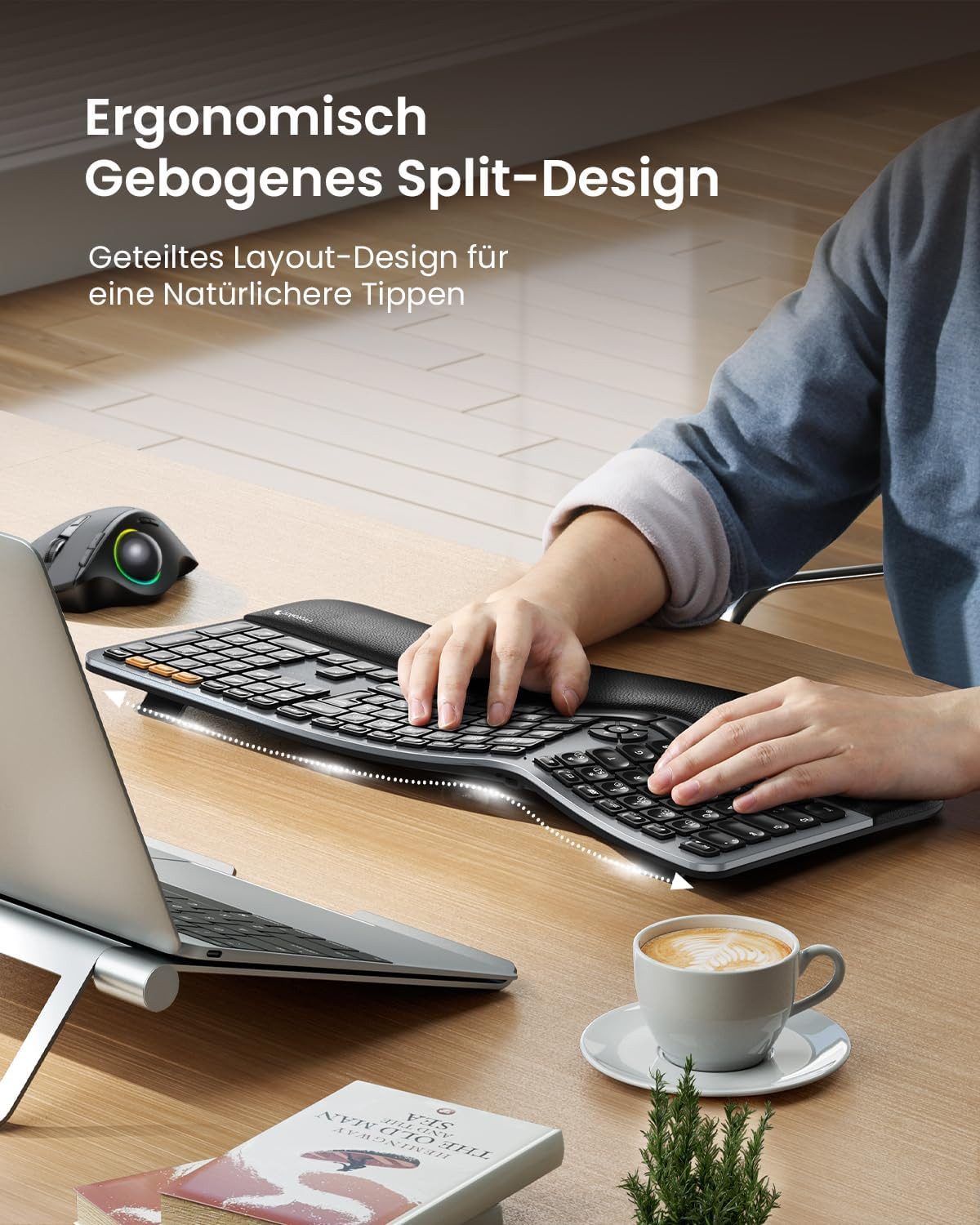 ProtoArc EK01 Plus Ergonomische Tastatur Kabellos Beleuchtet Tastatur (Full Size Ergo Funktastatur Wireless Split Keyboard)