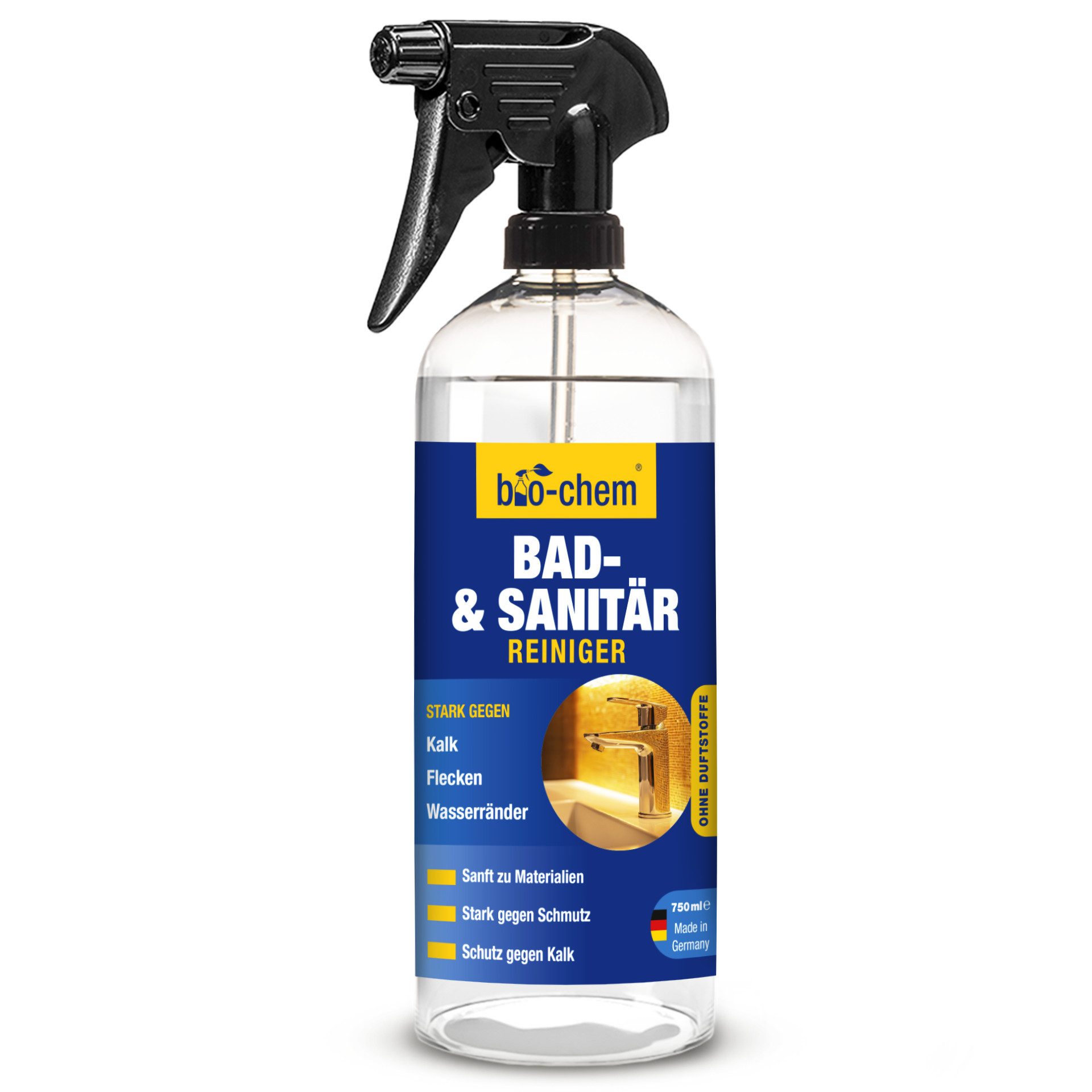 bio-chem Badreiniger 750ML – Kalkentferner für Bad, Dusche, Armaturen uvm Badreiniger (Einzelprodukt, [- Bad- und Sanitärreiniger 0.75 l Handsprayflasche Effektiver Kalkentferner mit Lotuseffekt)