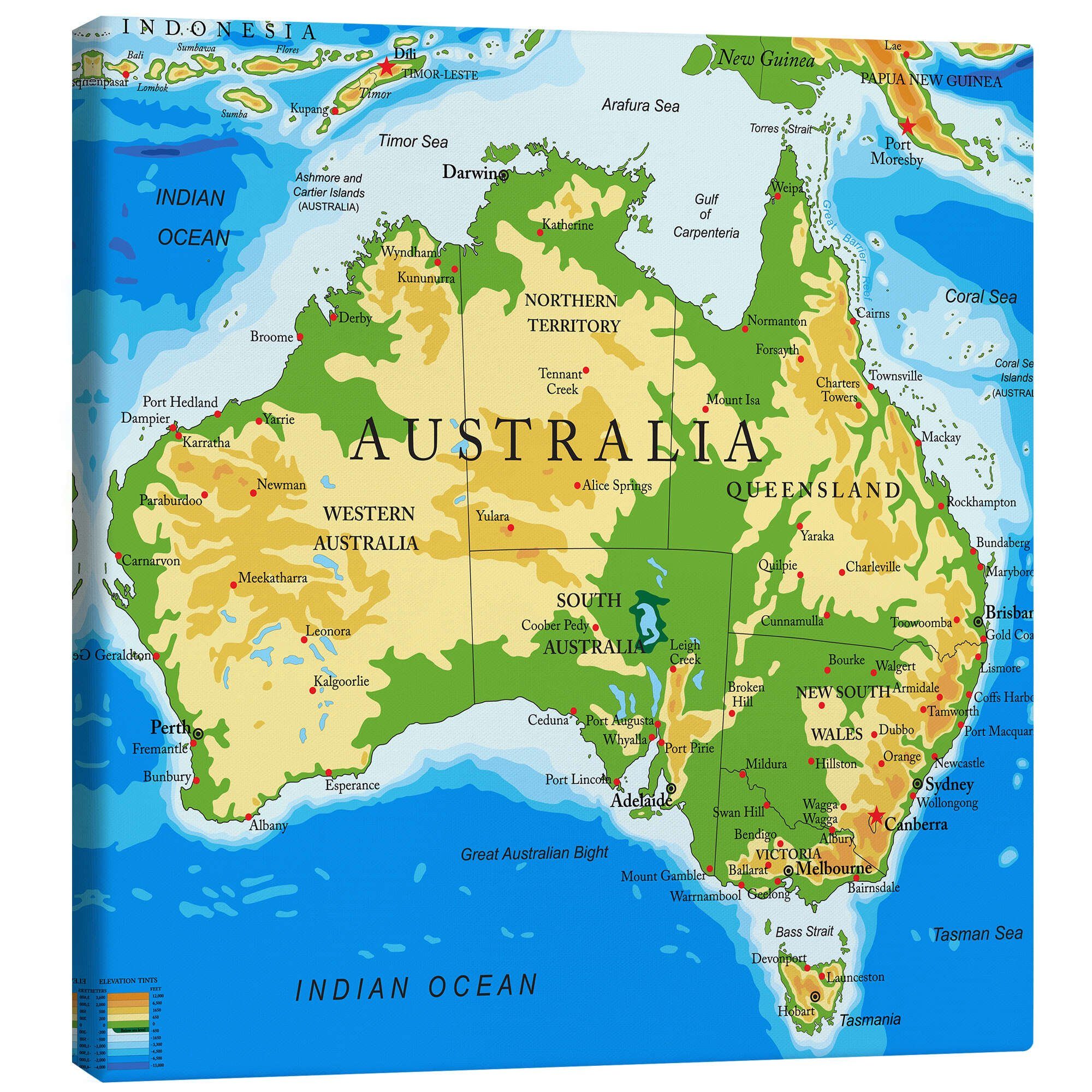 Posterlounge Leinwandbild Editors Choice, Australien - Topographische Karte (Englisch), Wohnzimmer Illustration