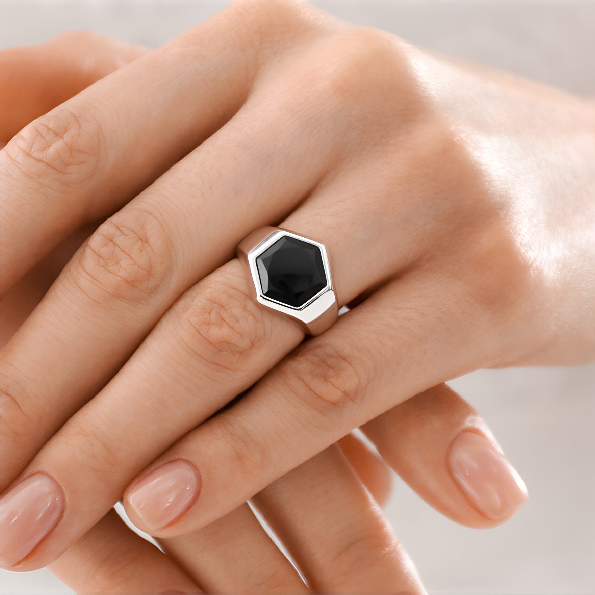 Cavill Solitärring Schwarzer Onyx Ring 3,51 ct, 925 Sterlingsilber, modern Hexagon (1-tlg)