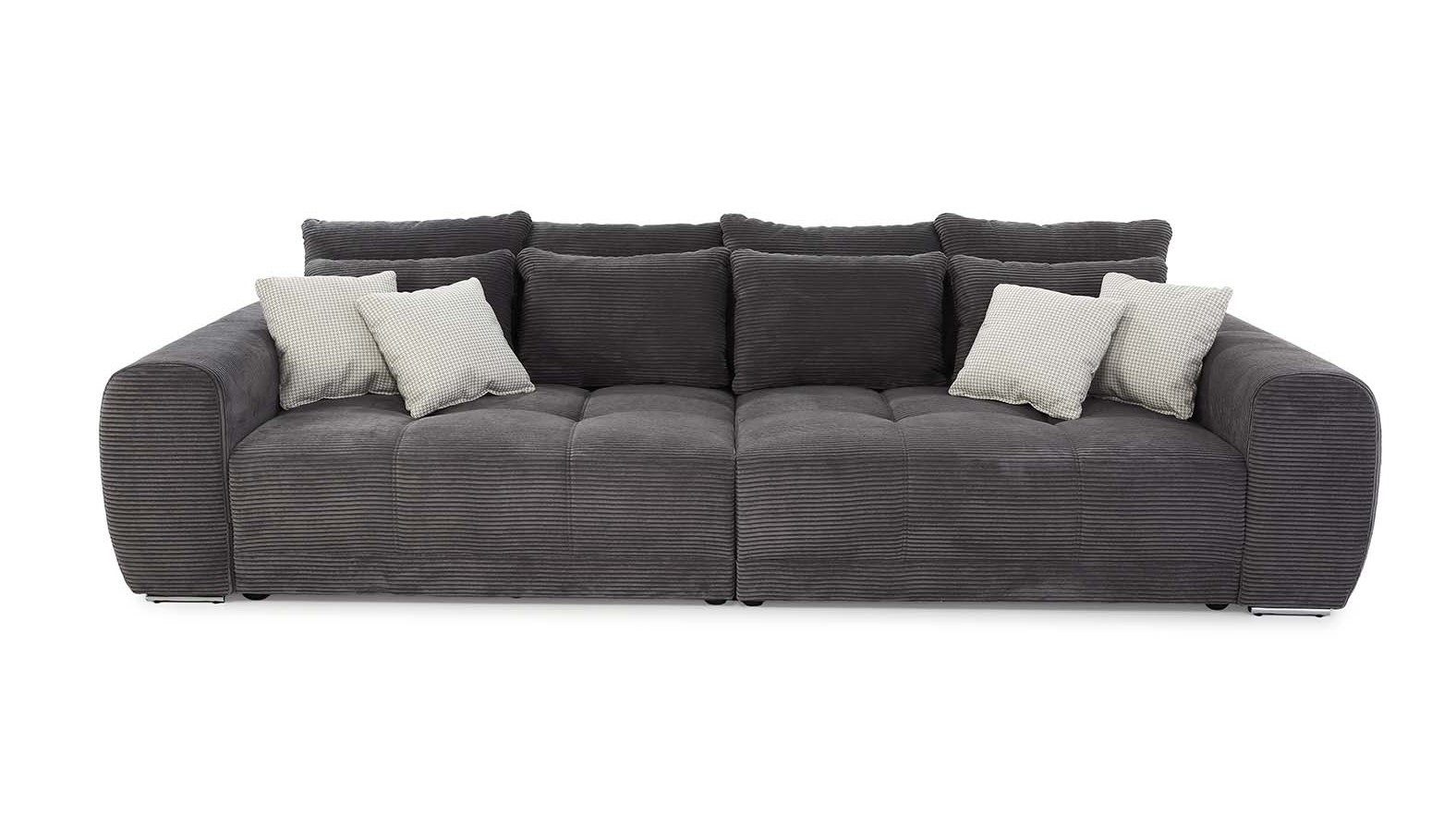 luma-home Big-Sofa 15171, XXL-Couch 306x134 cm mit Federkernpolsterung, viele Kissen, markante Steppungen, Cordstoff Grau Anthrazit