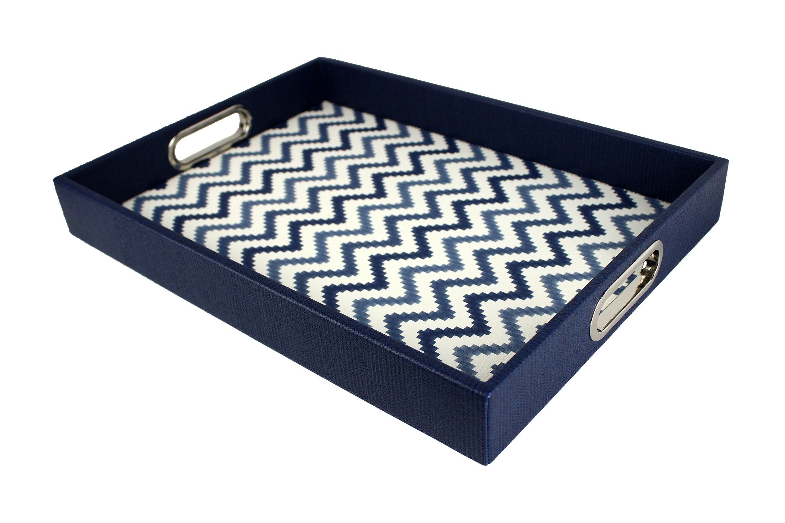 Tablett Tablett rechteckig Zickzack Muster blau mit Griffen, Serviertablett