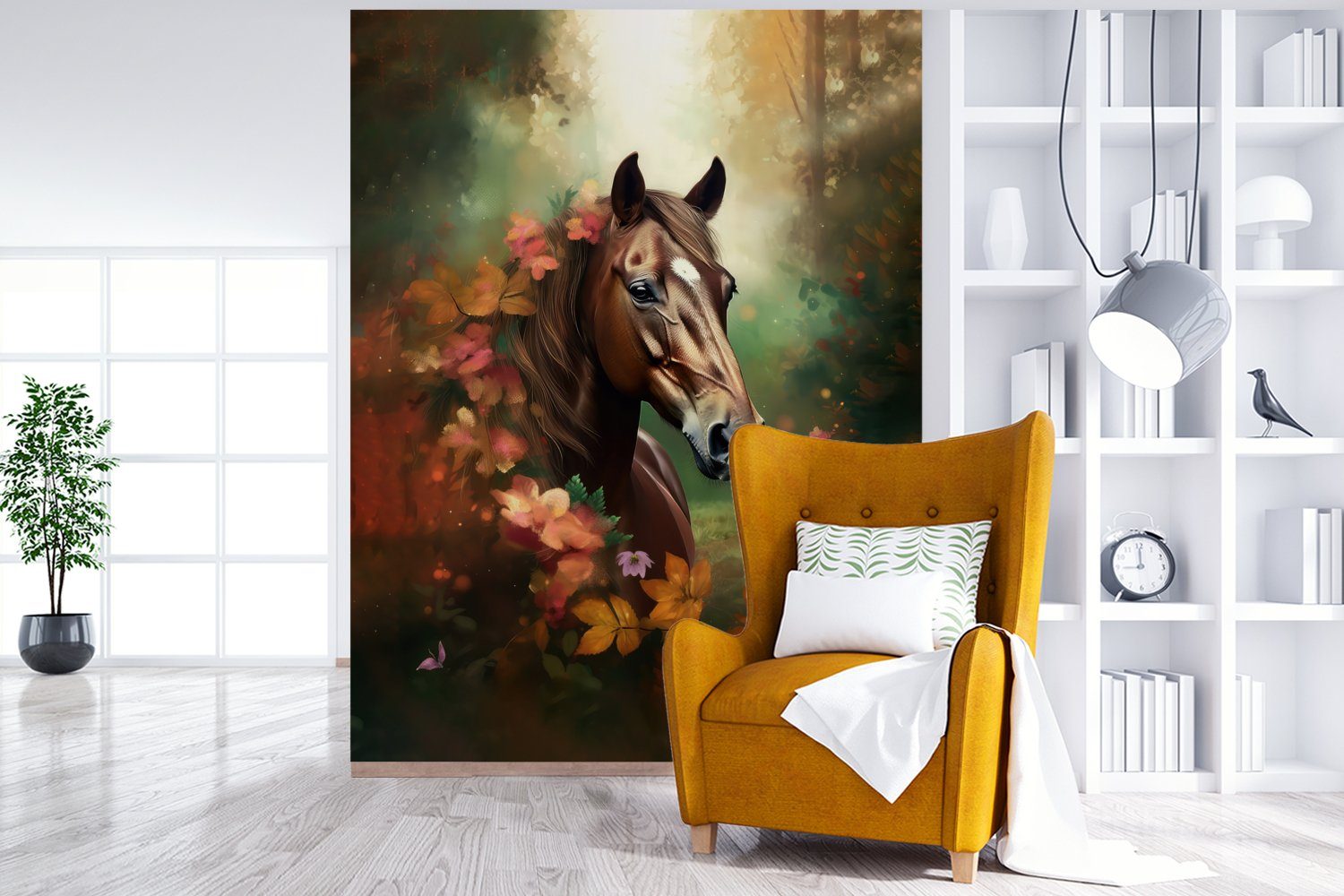 - bedruckt, - Pferd MuchoWow Tiere Fototapete Natur Orange, Tapete (4 Wandtapete Vinyl für Wohnzimmer, - Matt, Blumen Wald - St), Montagefertig -