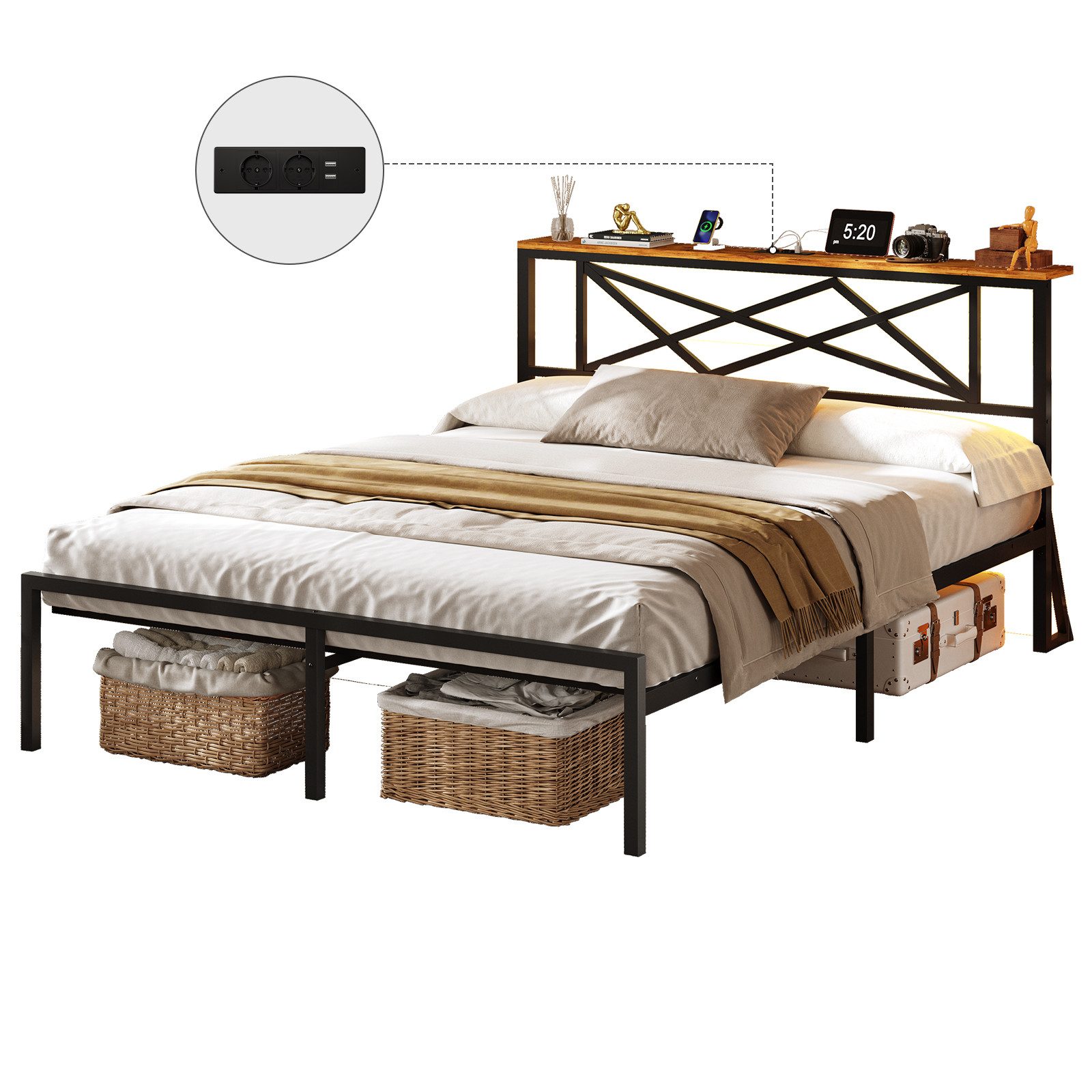 MSMASK Bettgestell mit LED Beleuchtung und Steckdose USB-Anschlüsse, Schwarz (1-tlg., Ohne Matratze), 140*200cm