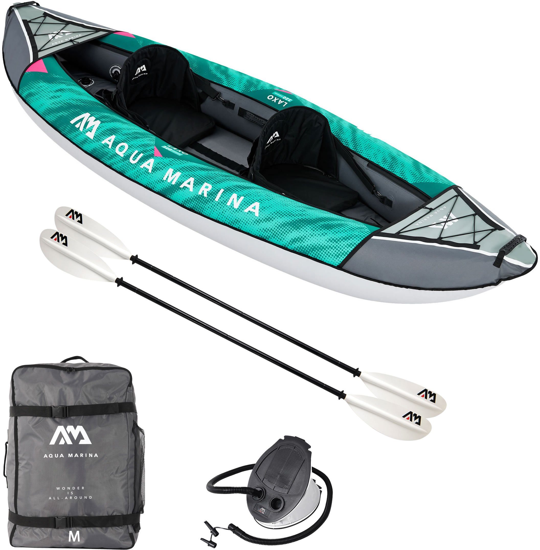 Aqua Marina Zweierkajak, (Set, 8-St., mit 2 Paddeln und Luftpumpe), Komplett Set mit Tragerucksack und Fußpumpe