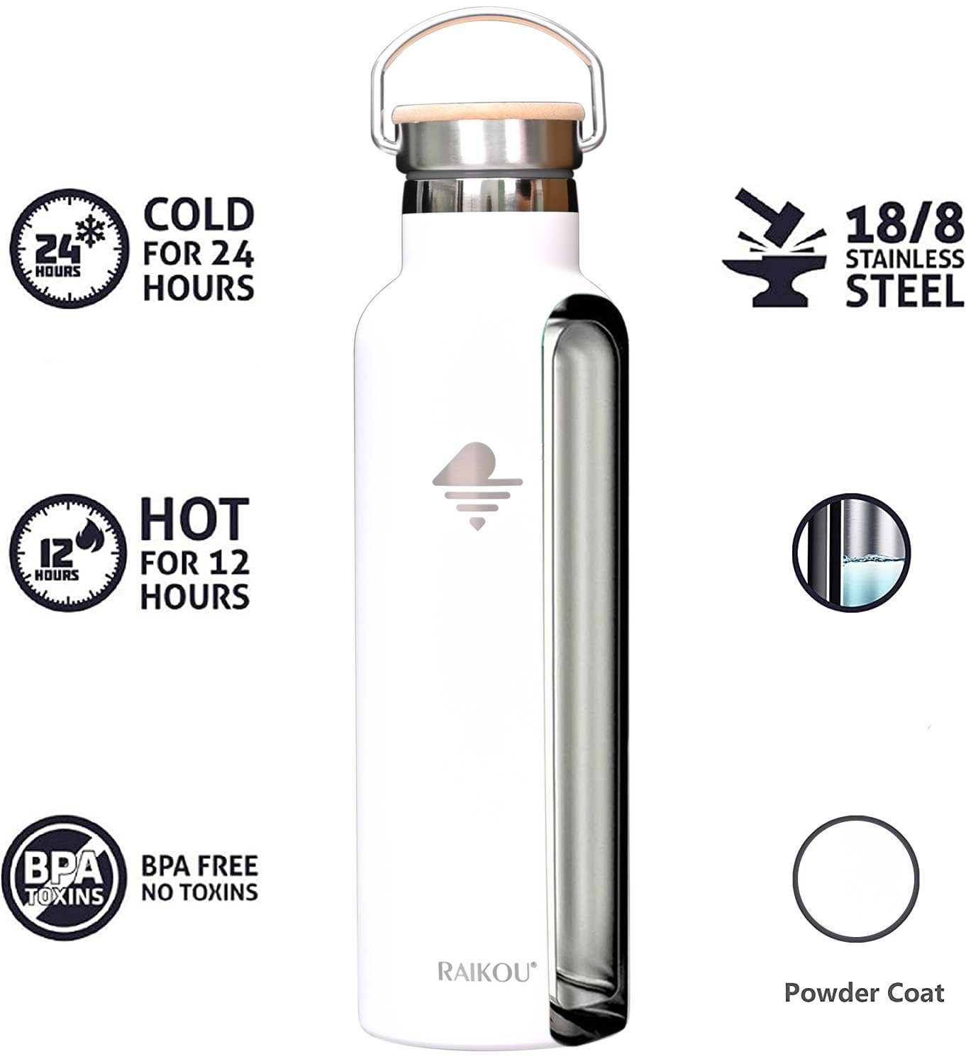 Edelstahl 24H Vakuumisolierte zu Trinkflasche 12H heiß Weiß kalt,mit / Wasserflasche RAIKOU 2 Thermoflasche, bis Isolierflasche Deckel,350ml/500ml/750ml/1000ml