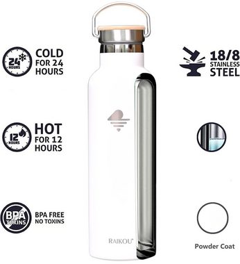 RAIKOU Isolierflasche Edelstahl Trinkflasche Vakuumisolierte Wasserflasche Thermoflasche, bis zu 12H heiß / 24H kalt,mit 2 Deckel,350ml/500ml/750ml/1000ml