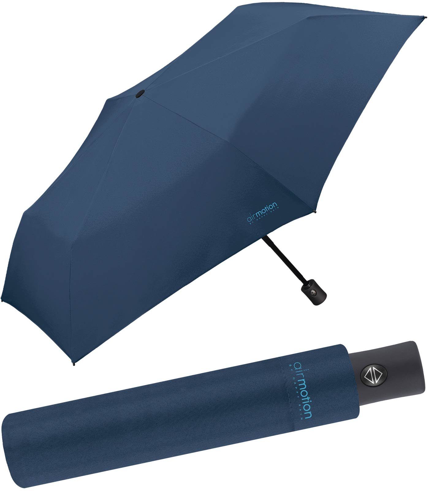 HAPPY RAIN Taschenregenschirm Air Motion - 174 g Auf-Zu-Automatik superleicht, leichtester vollautomatischer Minischirm - perfekt für Gepäck und Handtasche navy