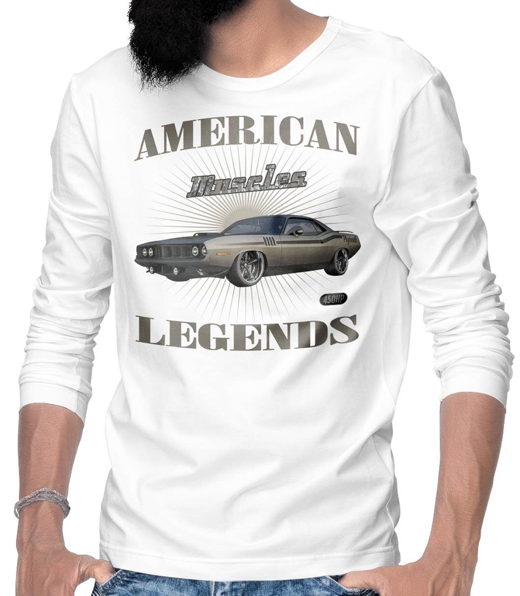 Rebel On Wheels Longsleeve Herren Langarm T-Shirt American Legend Roadrunner mit Auto / US-Car Motiv Weiß | Rundhalsshirts