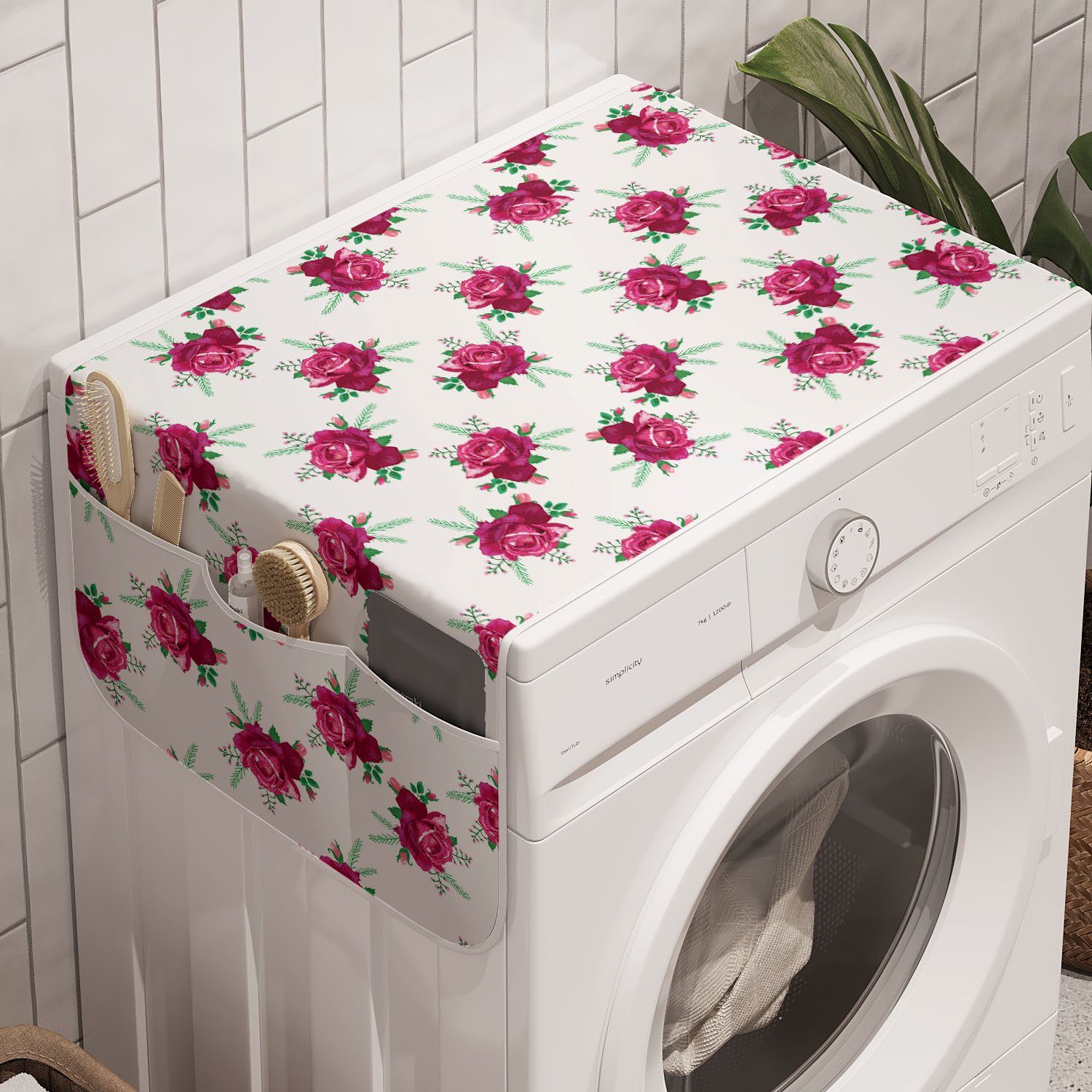 Abakuhaus Badorganizer Anti-Rutsch-Stoffabdeckung für Waschmaschine und Trockner, Romantisch Blooming Rose und Knospen