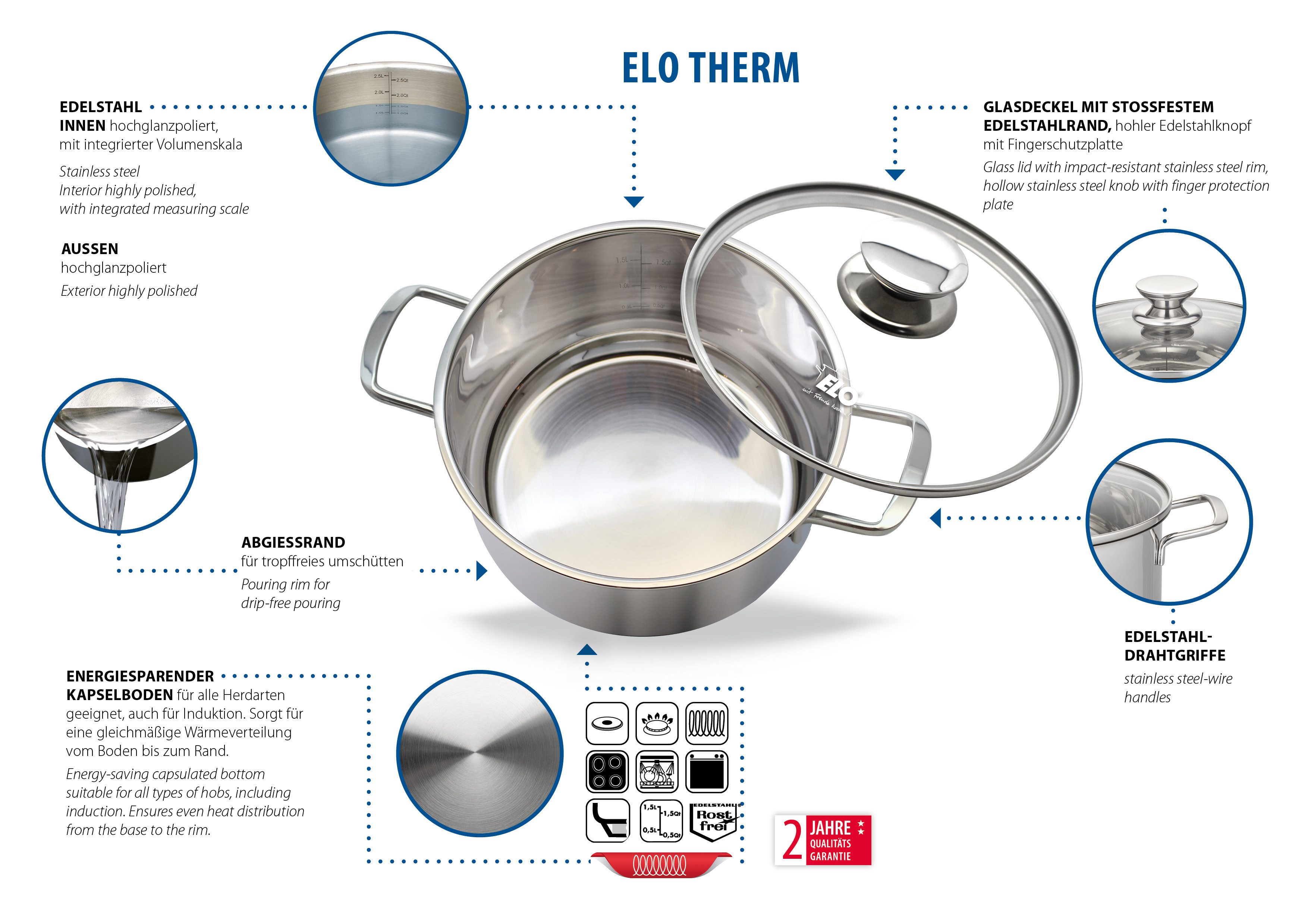 Elo Topf-Set Elo Therm Topfset 5-teilig, Edelstahl (Set, 8-tlg), Volumenskala