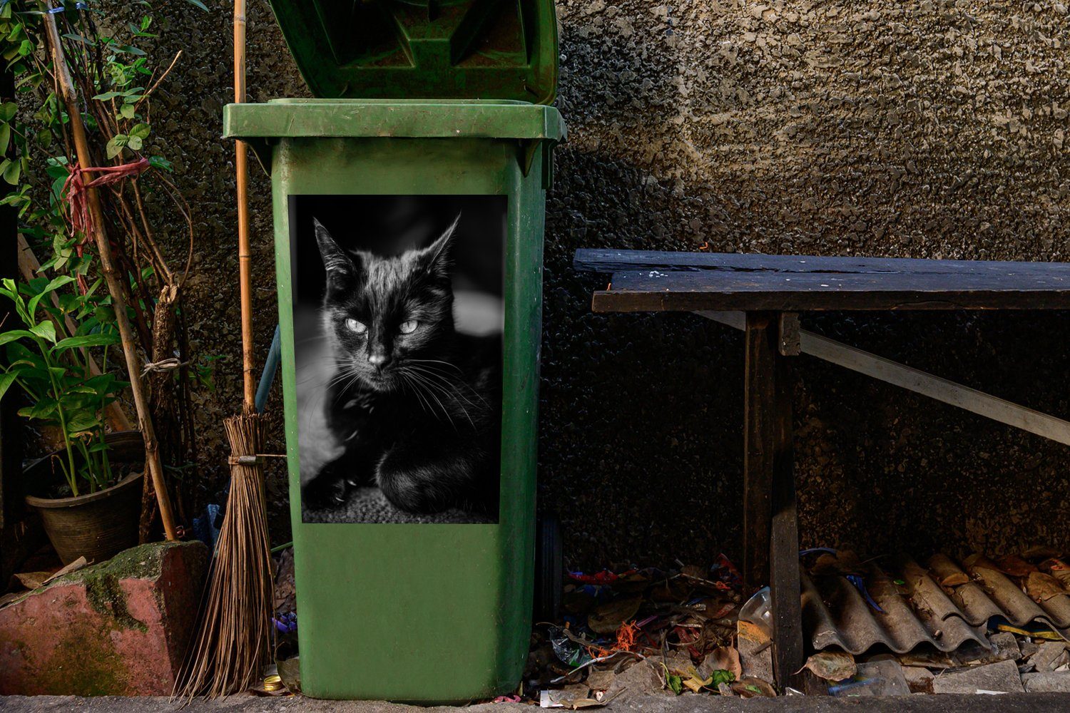 Container, (1 St), Porträt schwarzen MuchoWow Katze Abfalbehälter Mülleimer-aufkleber, Wandsticker Mülltonne, einer Sticker,