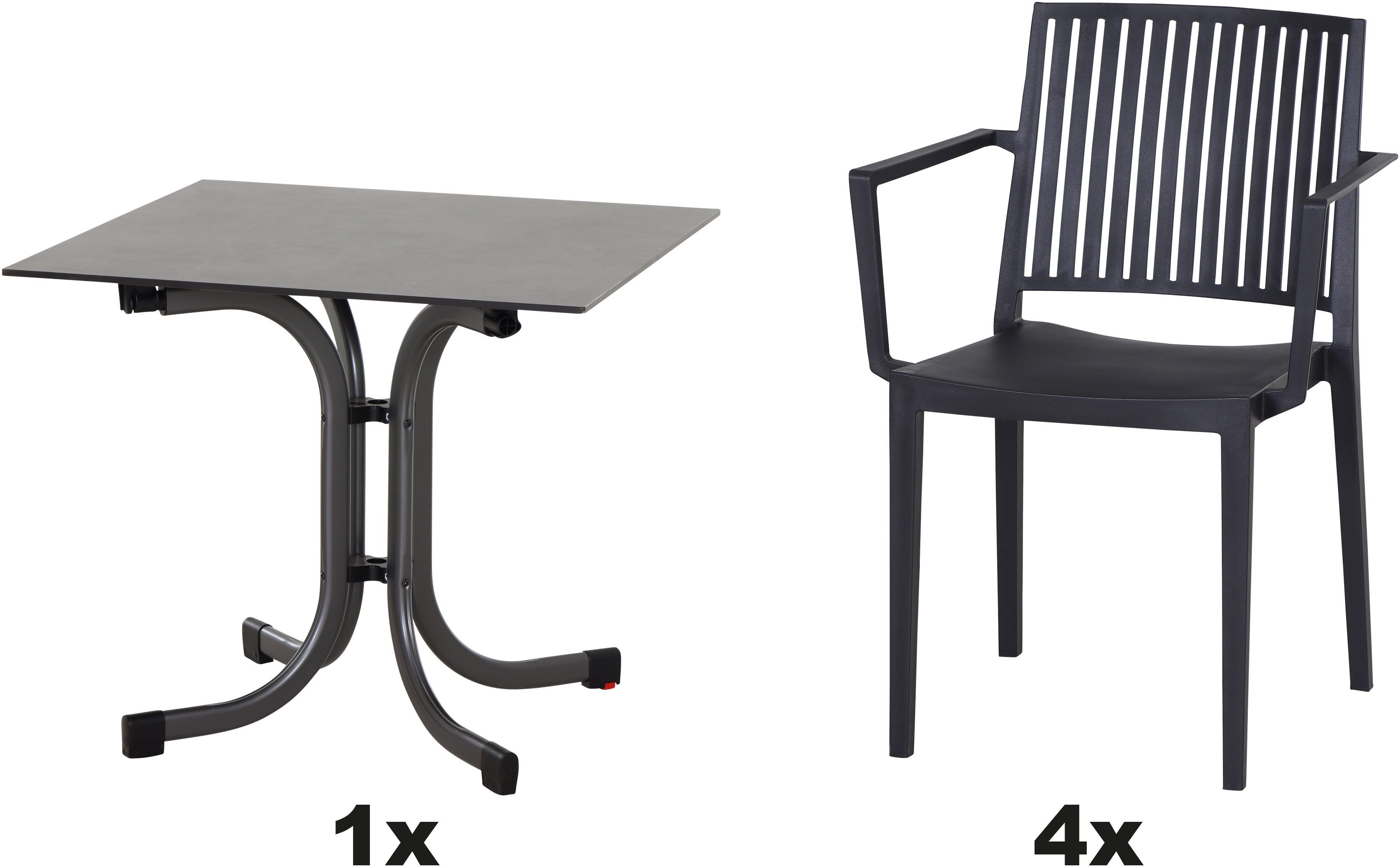 Siena Garden Gartensessel Lane Sessel anthrazit 4er Set mit Tisch (Set, 4-St), 4 x Stapelsessel + Tisch Sola 80 x 80 cm