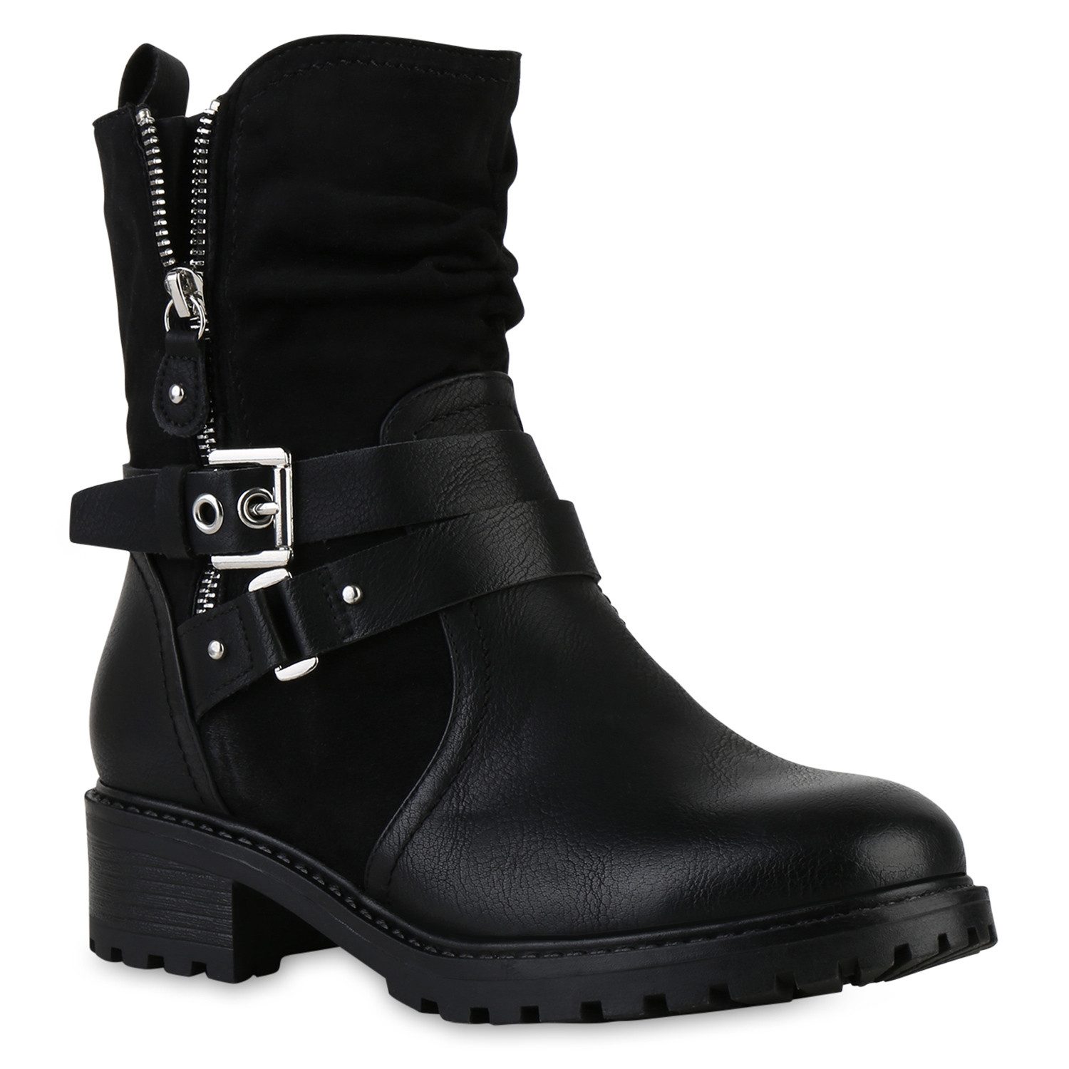 VAN HILL 841452 Bikerboots Damen Leicht Gefütterte Biker Boots Stiefeletten Schnallen