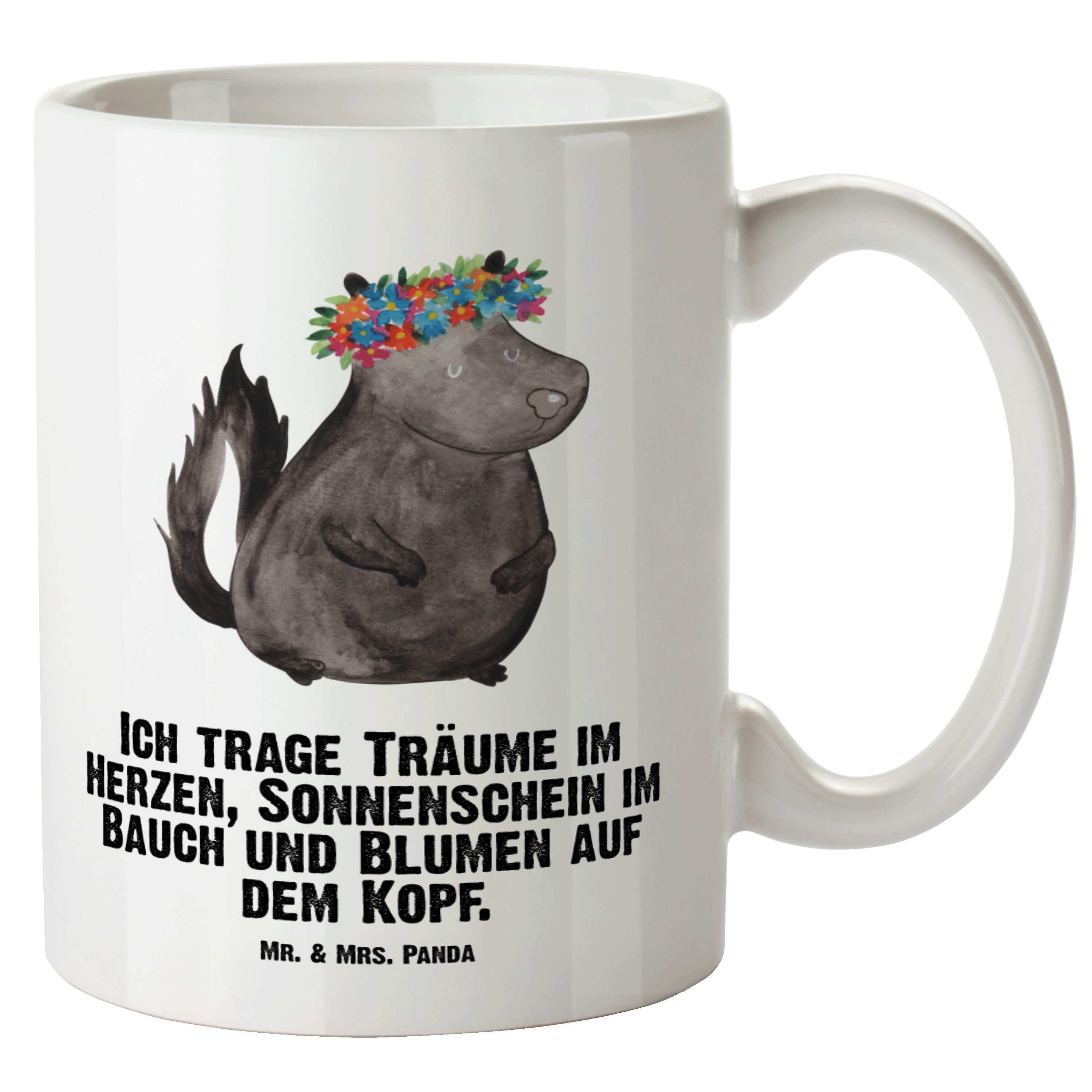 Mr. & Mrs. Panda Tasse Stinktier Blumenmaedchen - Weiß - Geschenk, Große Tasse, Yoga, Grosse, XL Tasse Keramik
