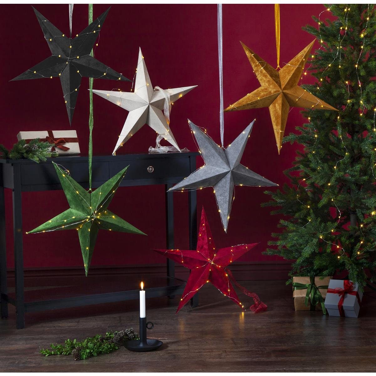 STAR TRADING LED Stern LED LED Weihnachtsstern Papierstern Drahtlichterkette, 3000K) bis hängend Velvet 60cm Classic, (2100K warmweiß