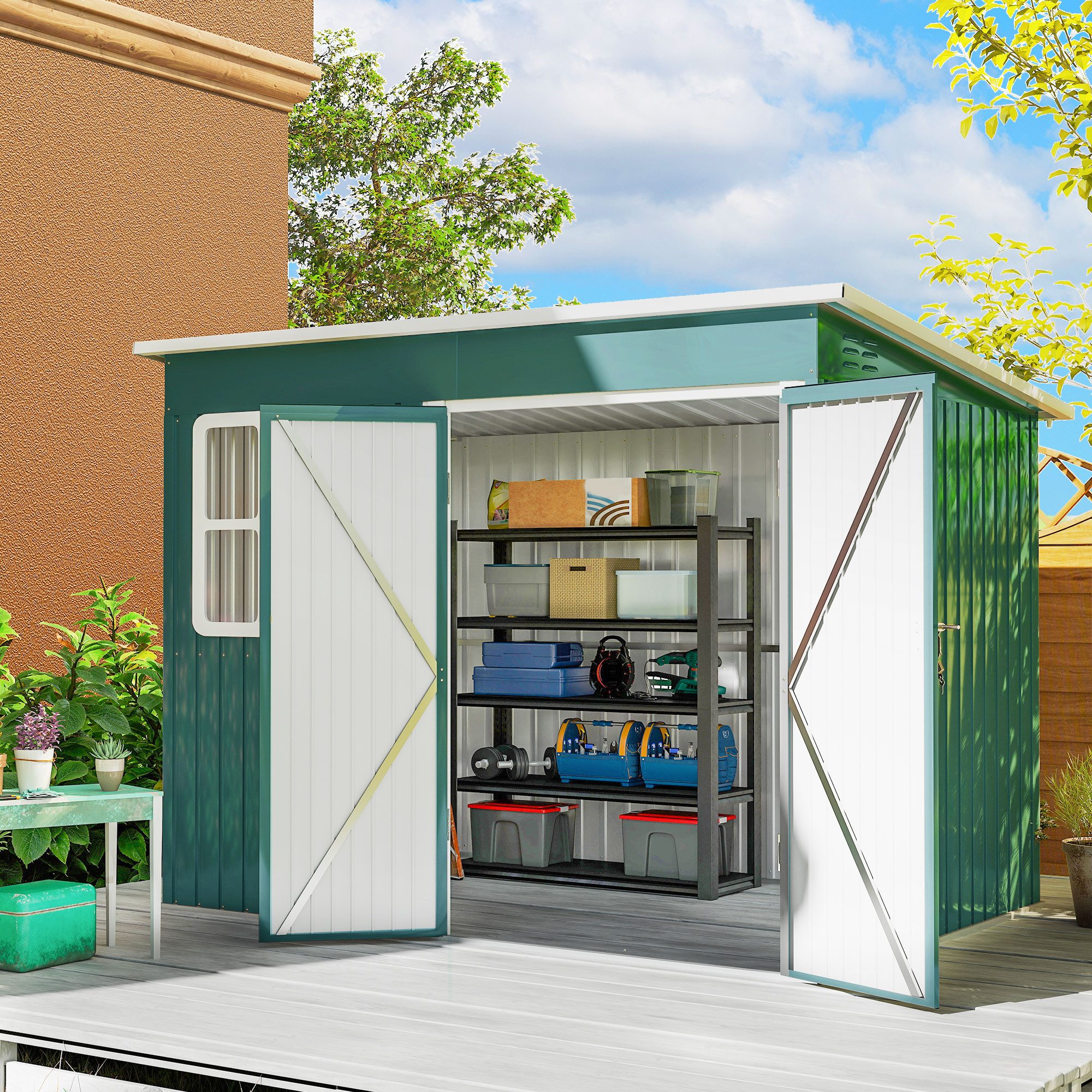 Outsunny Gerätehaus Metall 4,13 m² Geräteschuppen mit Fenster Pultdach, BxT: 260x177 cm, (4,13 m² Geräteschuppen, 2 St., wetterfest Gartenhaus), witterungsbeständig, abschließbar