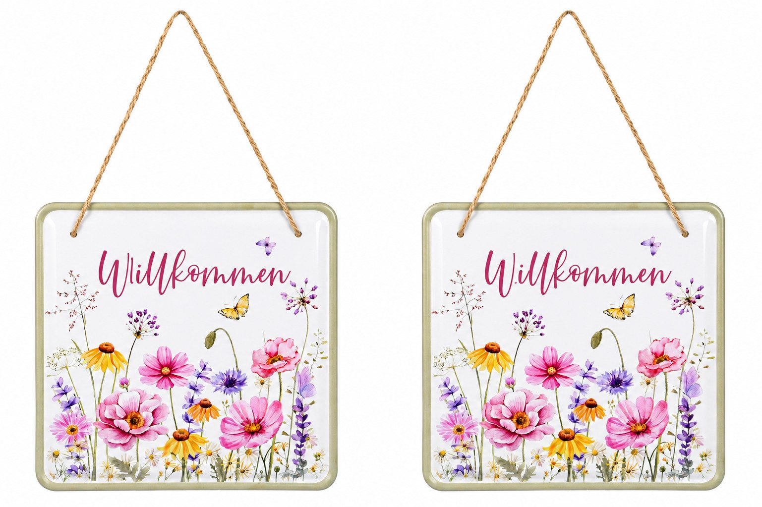 finehomegarden Wanddekoobjekt Spruchschild 2er-Set mit Aufhänger bunt 20,5x20,5 m Metall Dekoschild (Spar-Set, 2 St., 2er-Set), zum Hängen für Wohnzimmer, Küche, Flur, Garten & Balkon