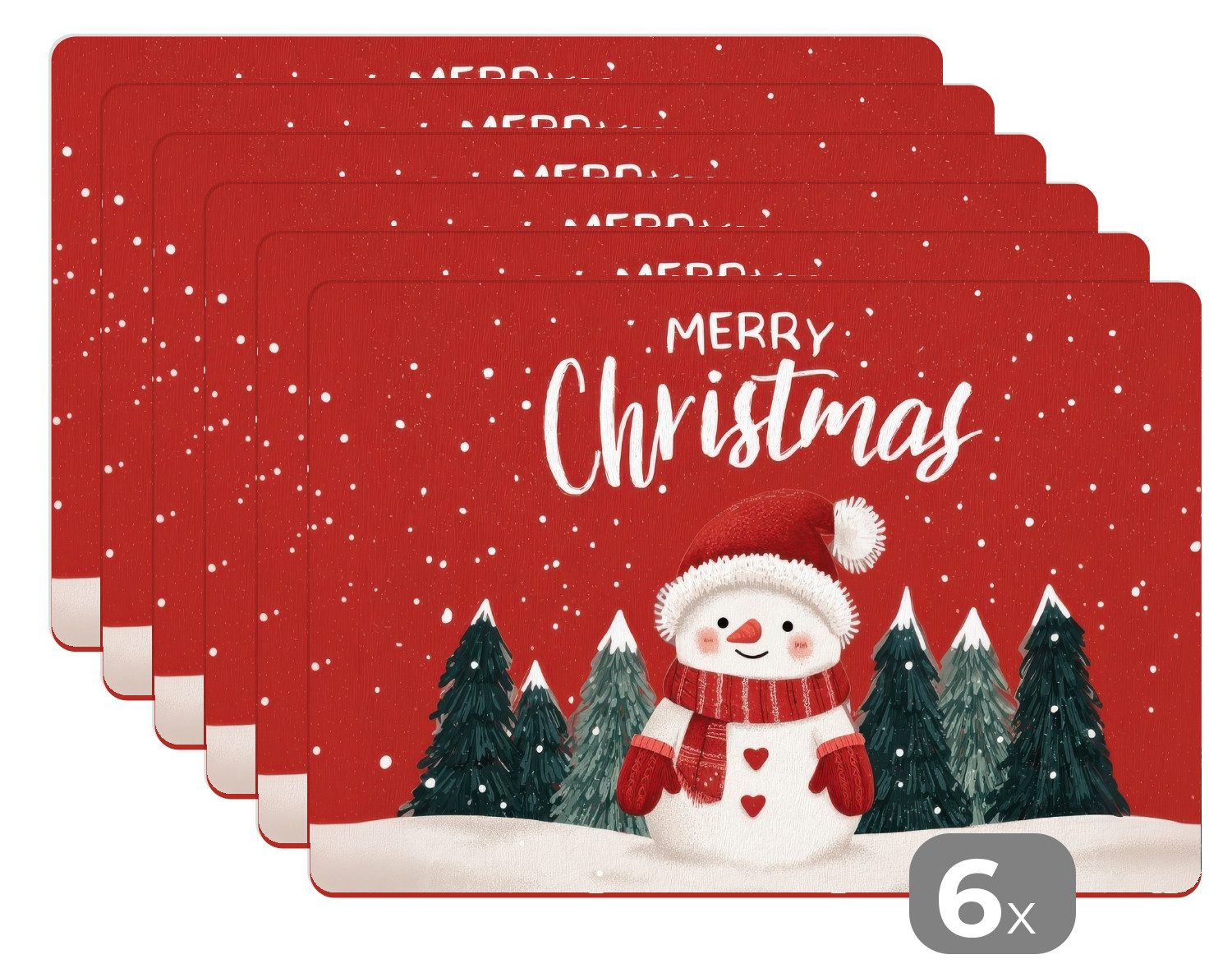 MuchoWow Platzset Weihnachtsgruß - Schnee - Rot, (6-St), Platzsets, Tischset, Abwaschbar, Tischsets, Platzdeckchen